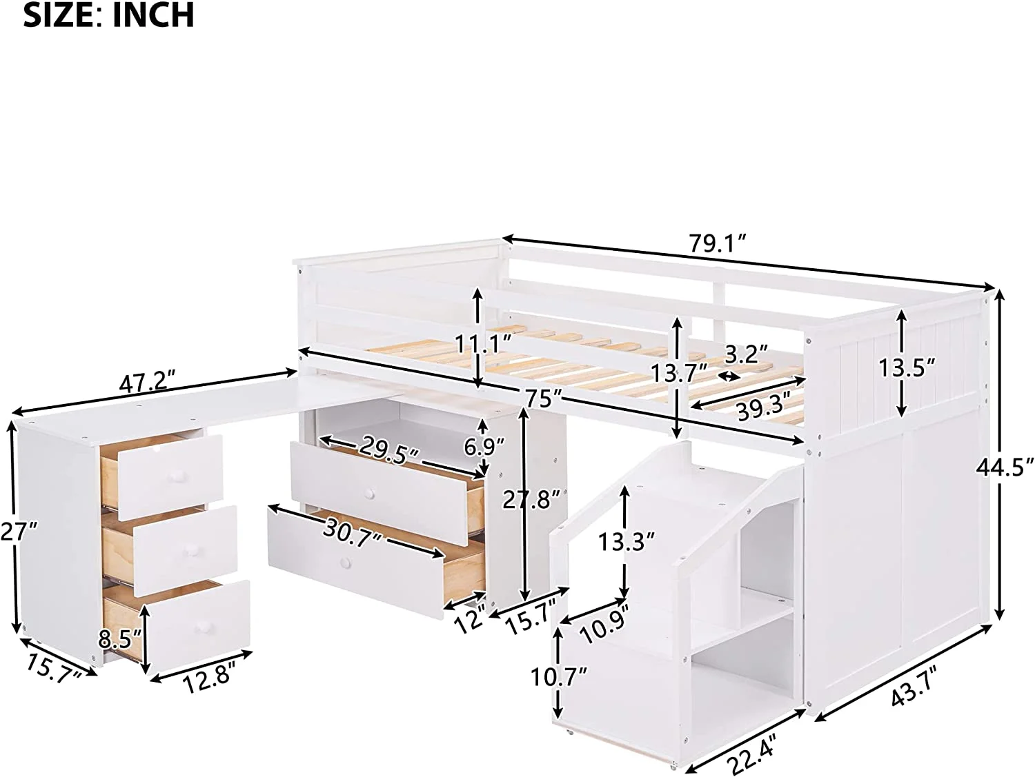 Low Study Loft Bed With Desk For Kids, Loft Bed With Stairs Ad Cabiet, Woode Loft Bed Frame With Storage Drawers, White