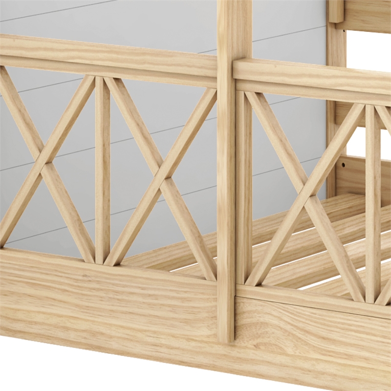 Pemberly Row Modern Solid Wood Twin Daybed with Roof and Guardrails in White/Oak