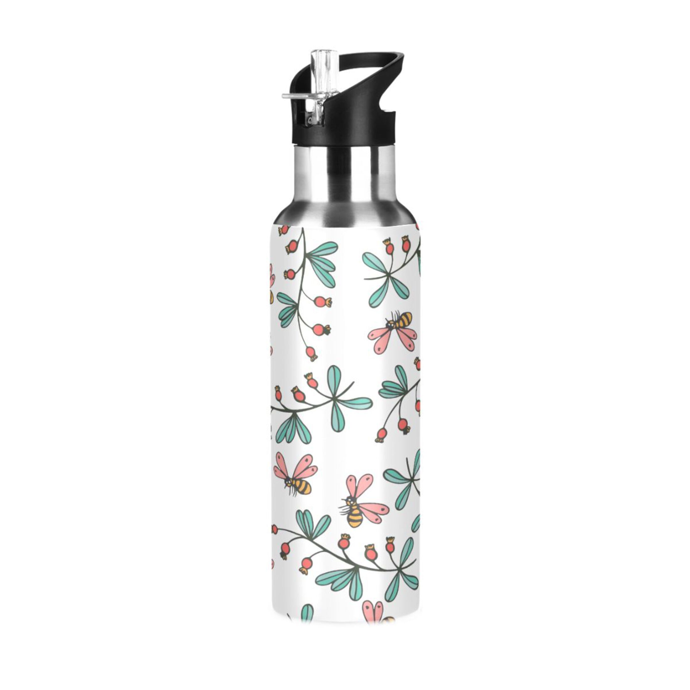 Water Bottle with Straw Lid Leak Bees and Flowers Stainless Steel Insulated Thermos Vacuum Flask for Cold Hot Drinking for Sports Camping Gym Yoga