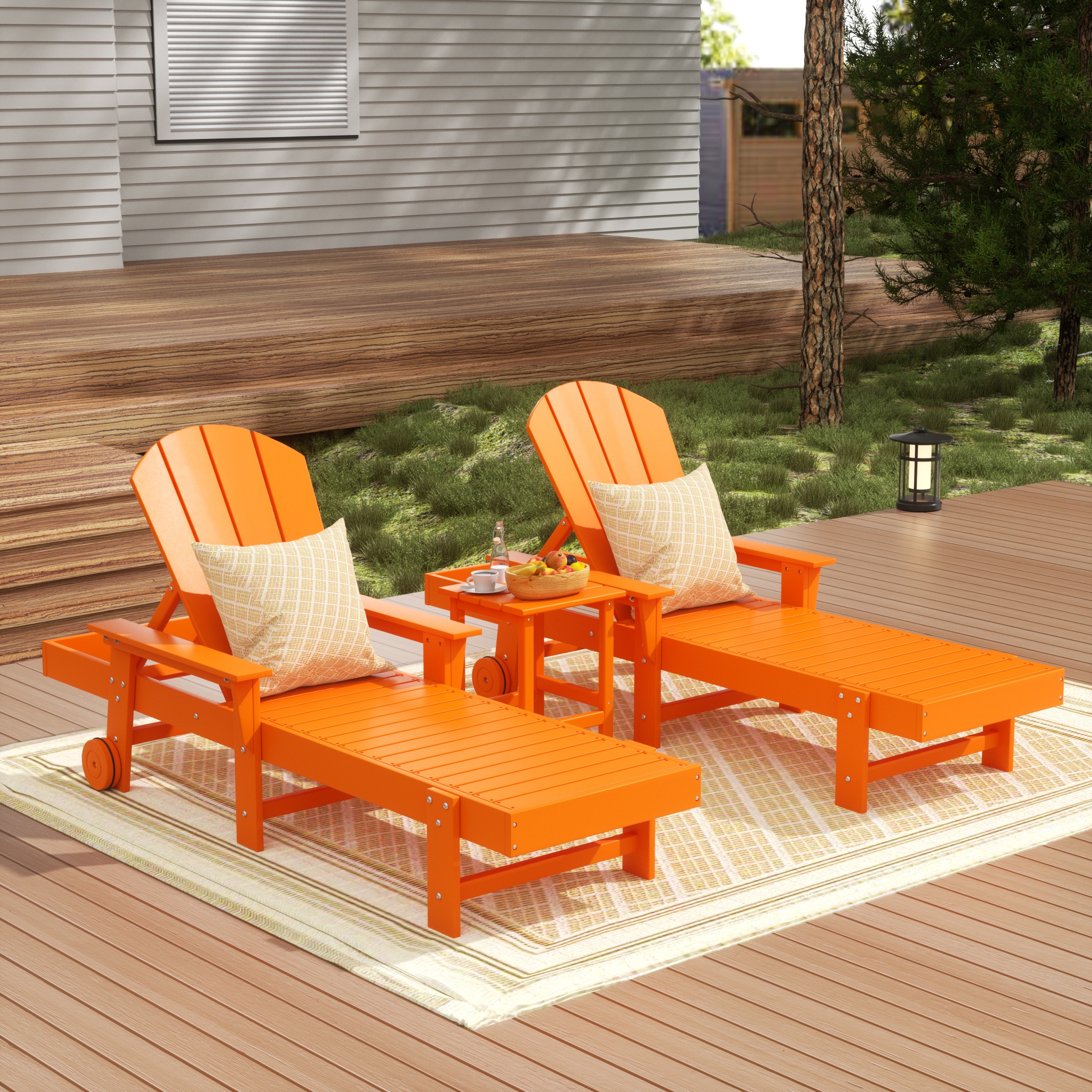 WestinTrends 3 Piece Adirondack Poly Reclining Chaise Lounge With Arms & Wheels, Orange