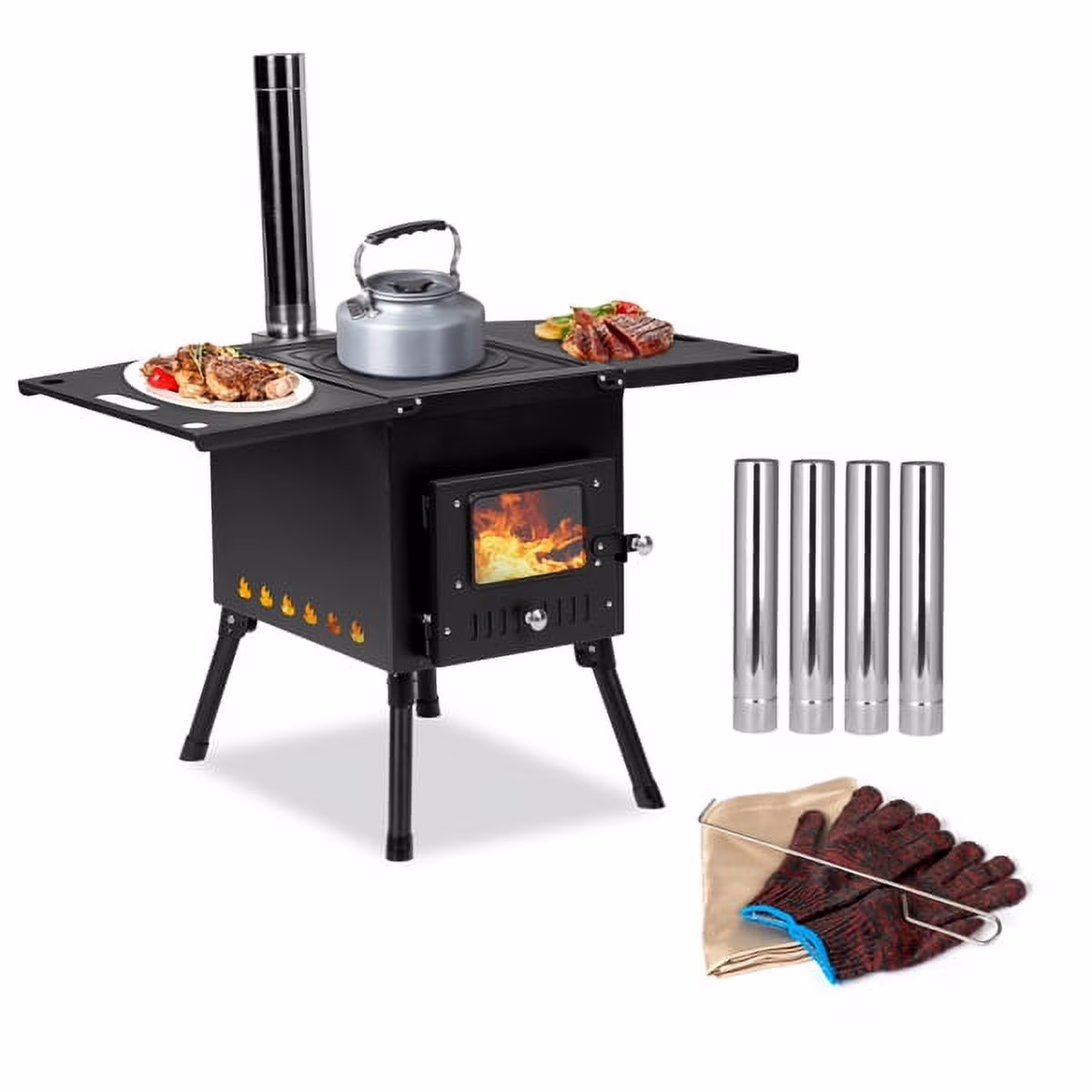 SYTHERS Outdoor Wood Burning Stove with Chimney Pipes, Camp Wood Stove for Heating & Cooking, Black