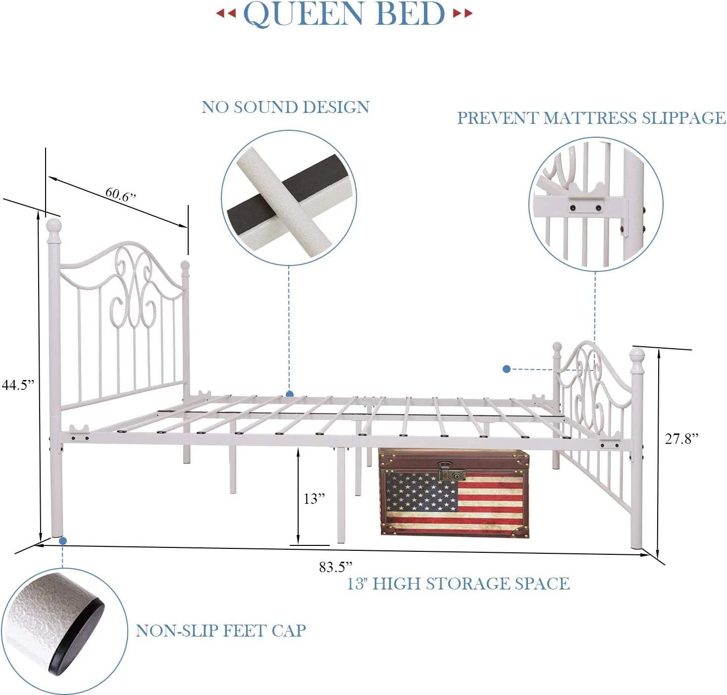 JIAH Vintage Sturdy Metal Bed Frame with Headboard and Footboard Basic Bed Frame No Box Spring (Full, Grayish White)