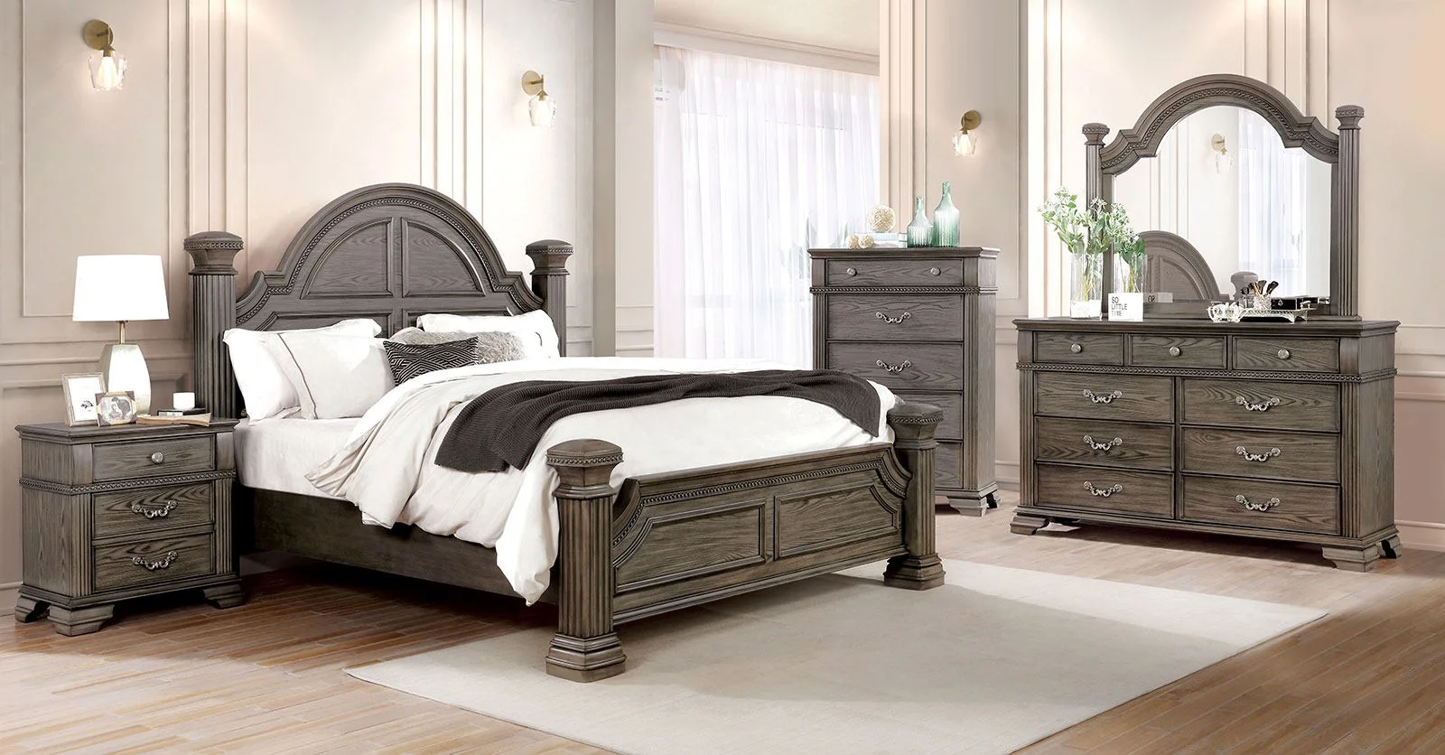 Traditional Antique Gray Solid wood 4pc Bedroom Set Queen Size Bed Dresser 2x Nightstands Reeded Posts HB FB (NO MIRROR)