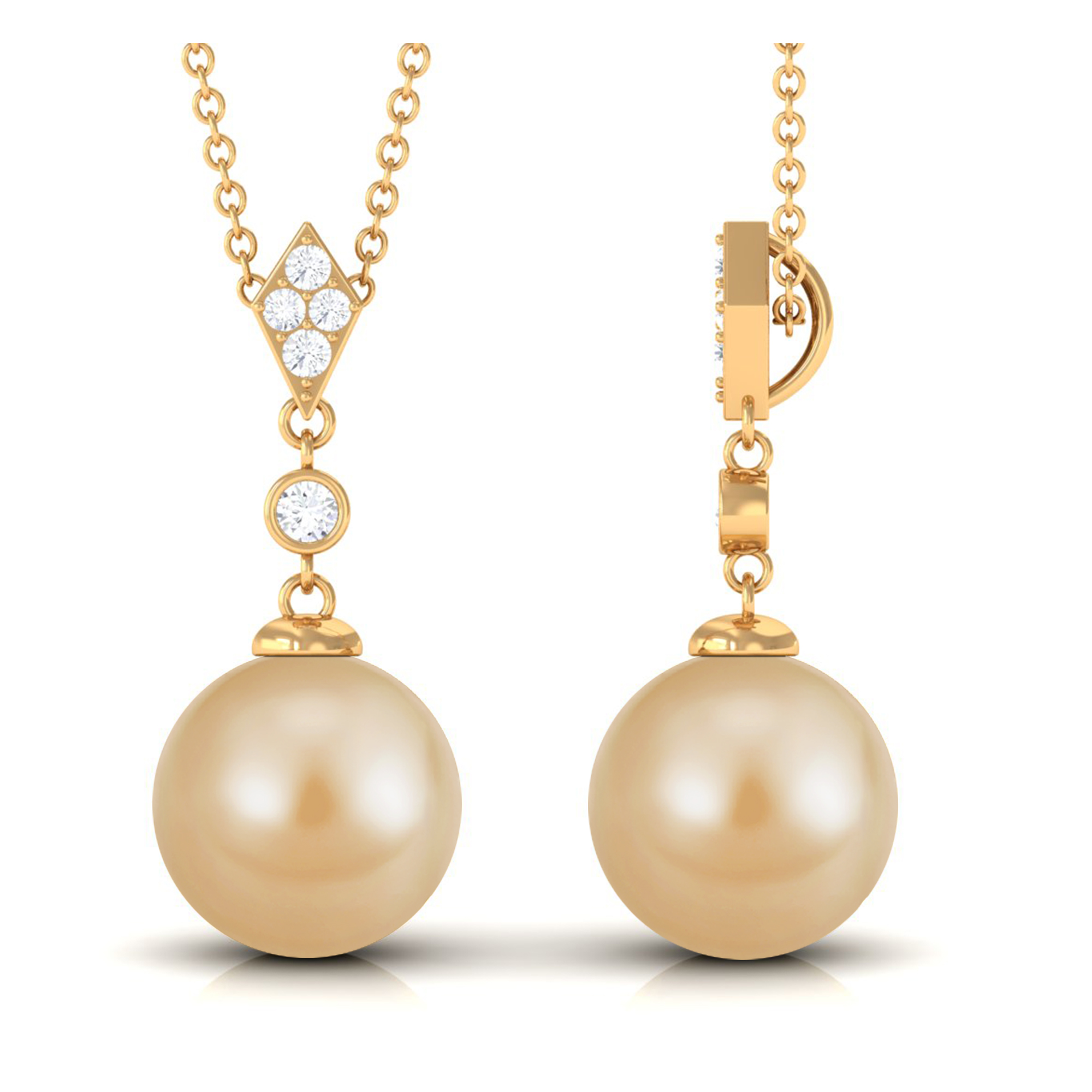 Cultured Golden Pearl Pendant Necklace for Women with Diamond, AAA Quality, 18K Yellow Gold