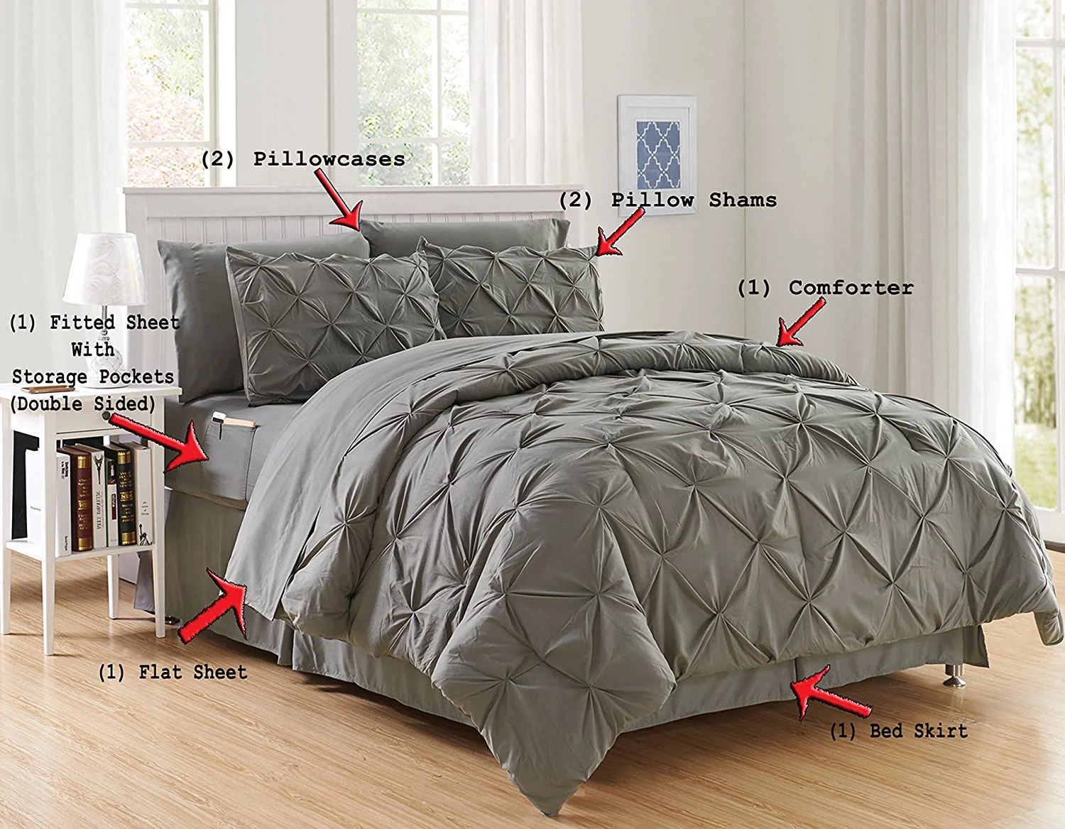 8-Pieces Pintuck Comforter set Includes Bed Sheet Set with Double Sided Storage Pockets, King/Cal King, White