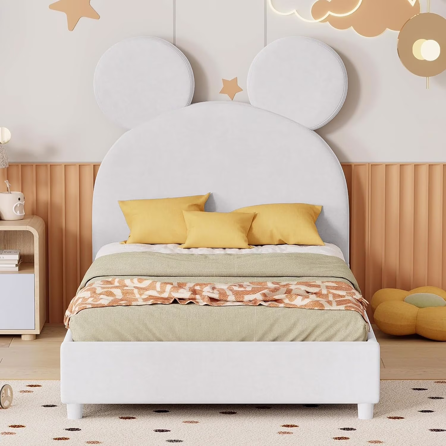 Size Plaform Bed Wih Bear Ear Shaped Headboard, Velve Upholsered Bed Frame Wih Sla Suppor, Wood Size Bed For Kids ees, Boys & Girls (Beige)