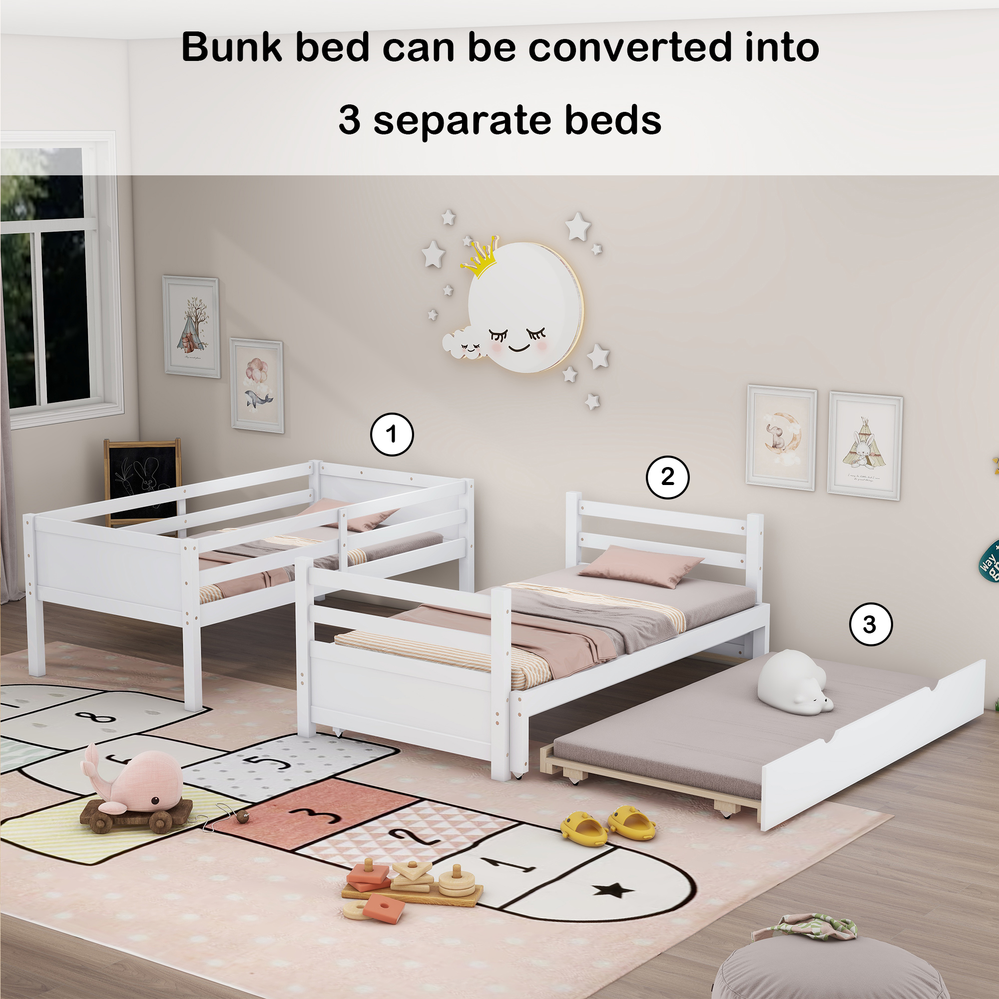 Bellemave Twin over Twin Bunk Bed with Trundle Convertible Bunk Bed Frame with Pull-out Bed Space-saving 4 Twin Beds in 1 Wooden Twin Bunk Bed for Kids, Boys, Girls, White