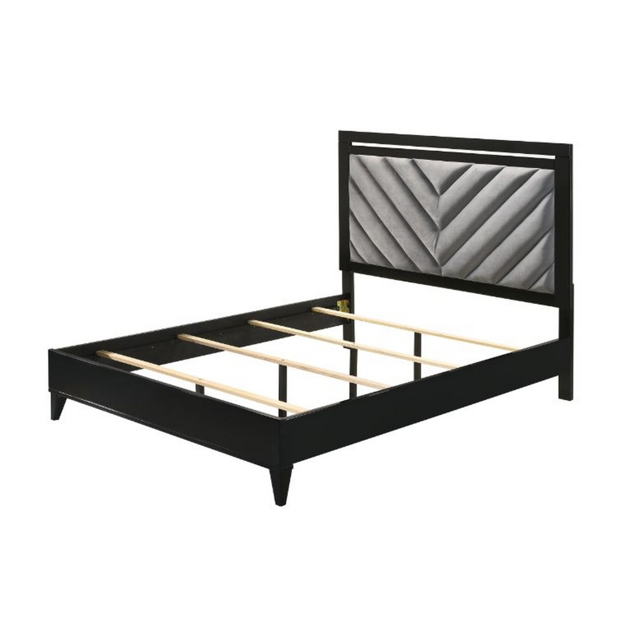 Benjara Queen Bed with Padded Headboard and Metal Trim, Gray and Black