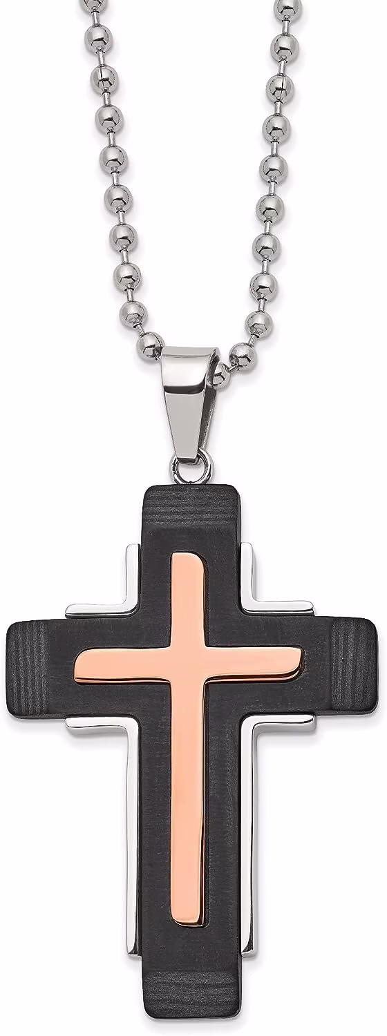 Chisel Stainless Steel Polished Rose IP-plated and Solid Black Carbon Fiber Cross Pendant on a Ball Chain Necklace - 22