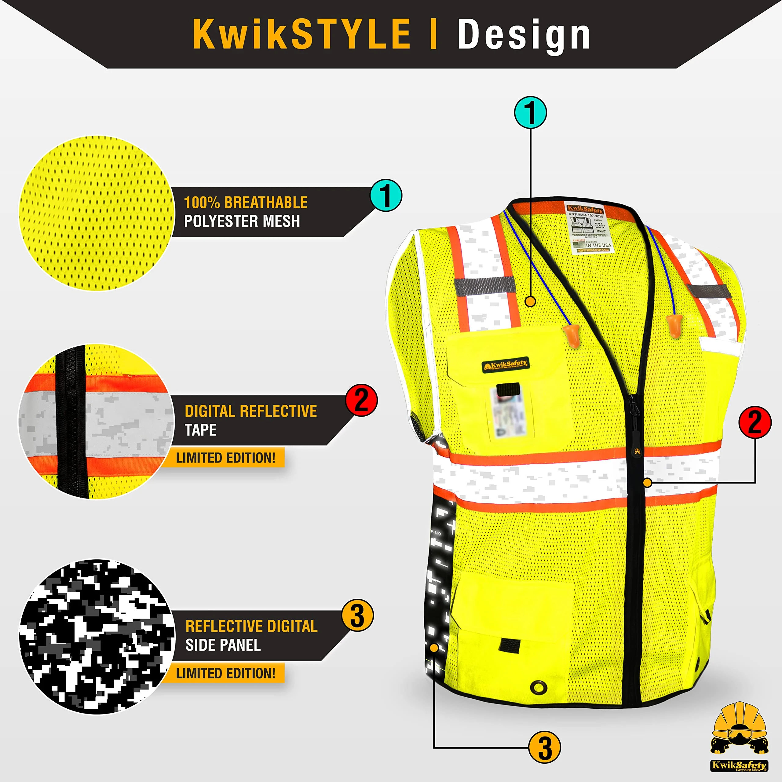 KwikSafety (Charlotte, NC) BIG KAHUNA DIGITAL Safety Vest (LIMITED EDITION) ANSI Class 2 OSHA Reflective High Visibility Heavy Duty Surveyor Construction Mesh Vis Zipper Men Work | Yellow Large