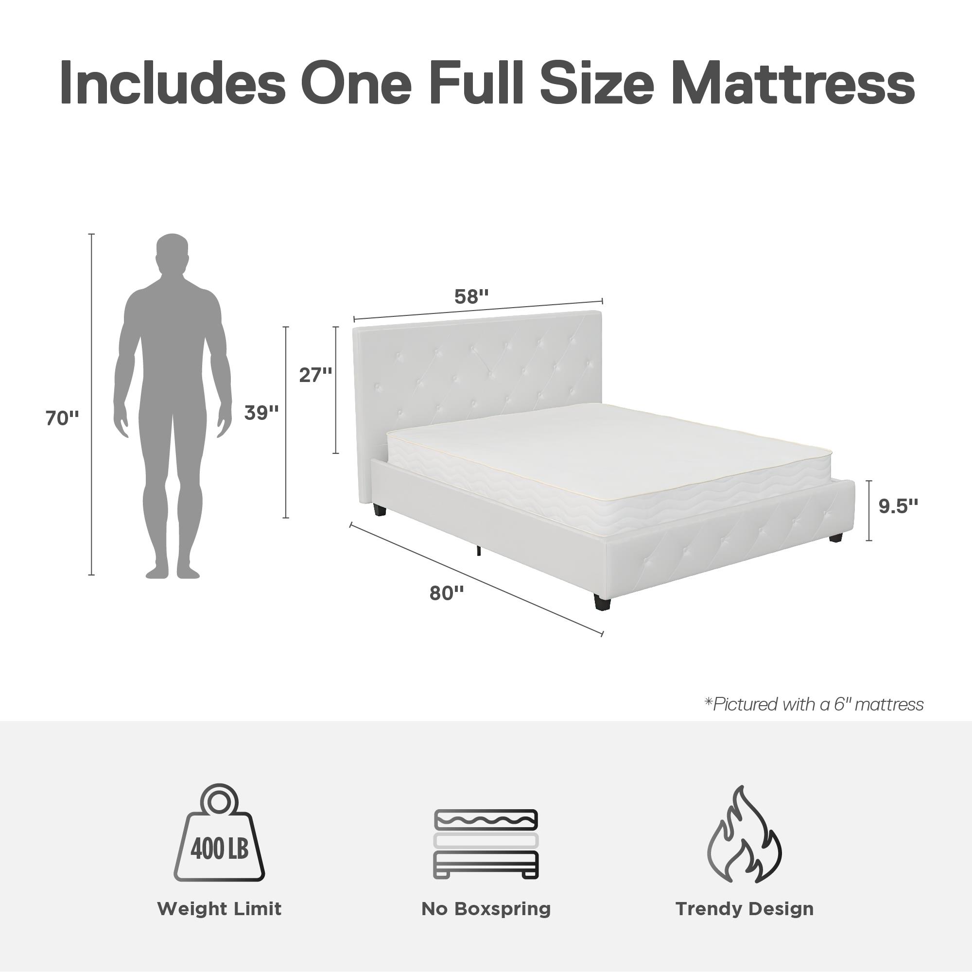 DHP Dakota Upholstered Bed with Signature Sleep Tranquil 8-Inch Pocket Spring Mattress, Full, White