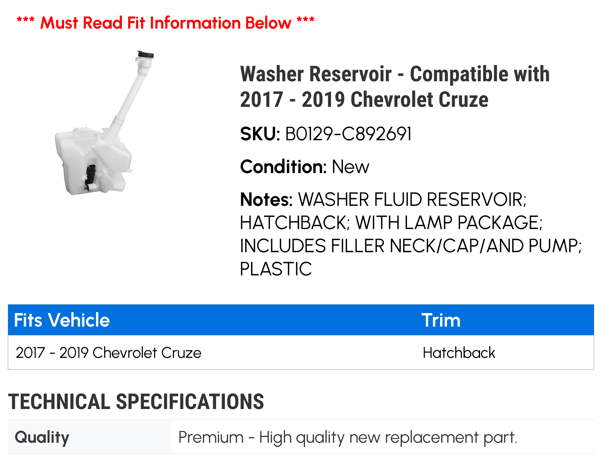 Washer Reservoir - Compatible with 2017 - 2019 Chevy Cruze 2018
