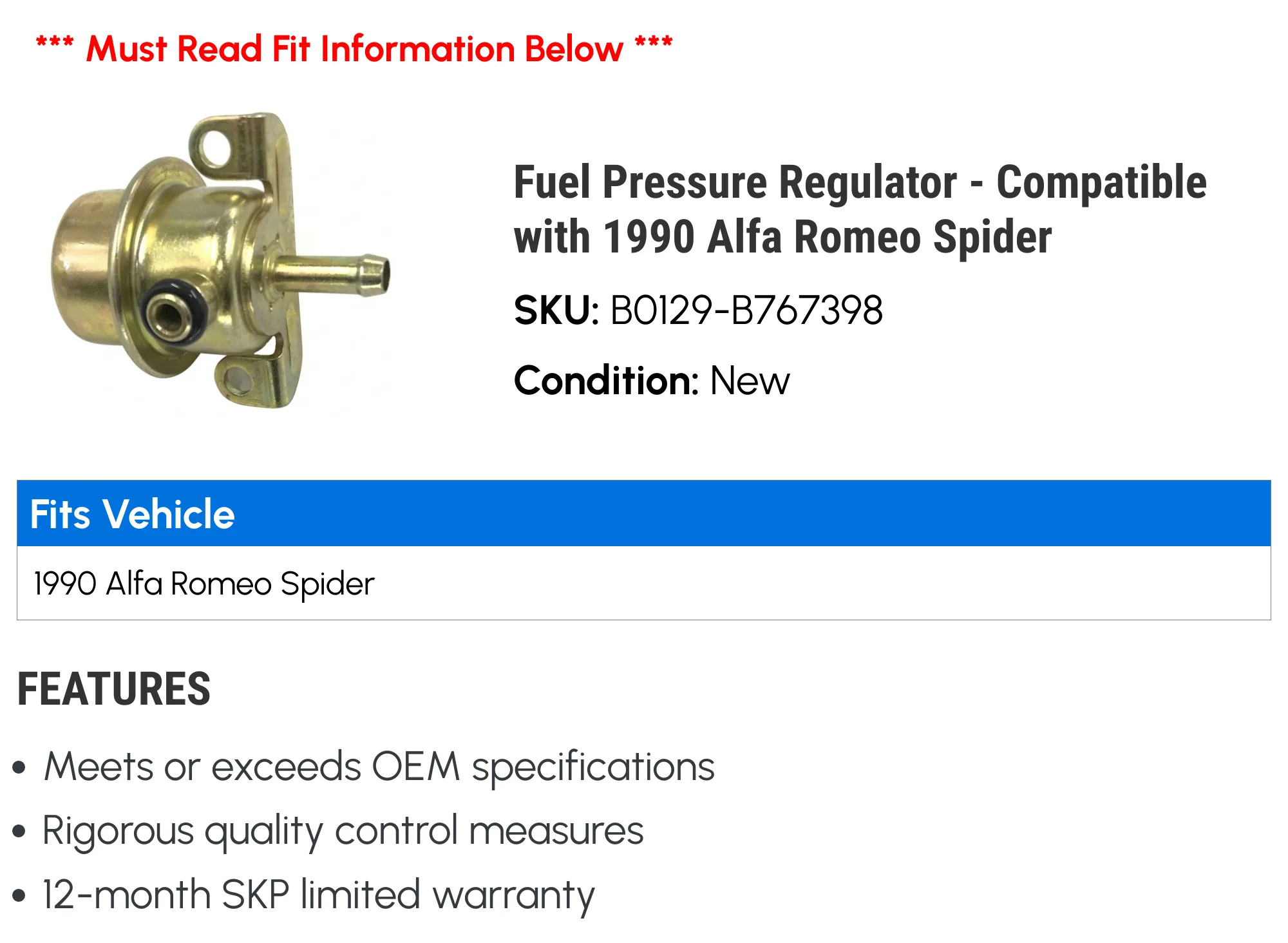Fuel Pressure Regulator - Compatible with 1990 Alfa Romeo Spider