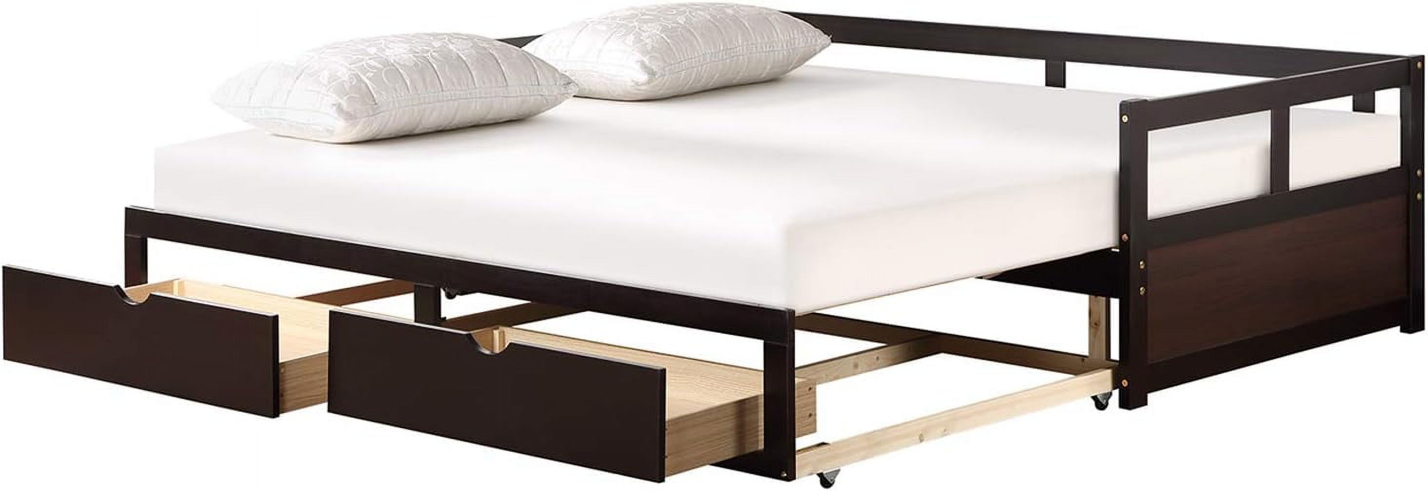 Extendable Daybed With Trundle Bed And Two Storage Drawers, Wooden Storage Daybed, To King Design Extending Bed For Kids Teens Adult, No Box Spring Required (Espresso)