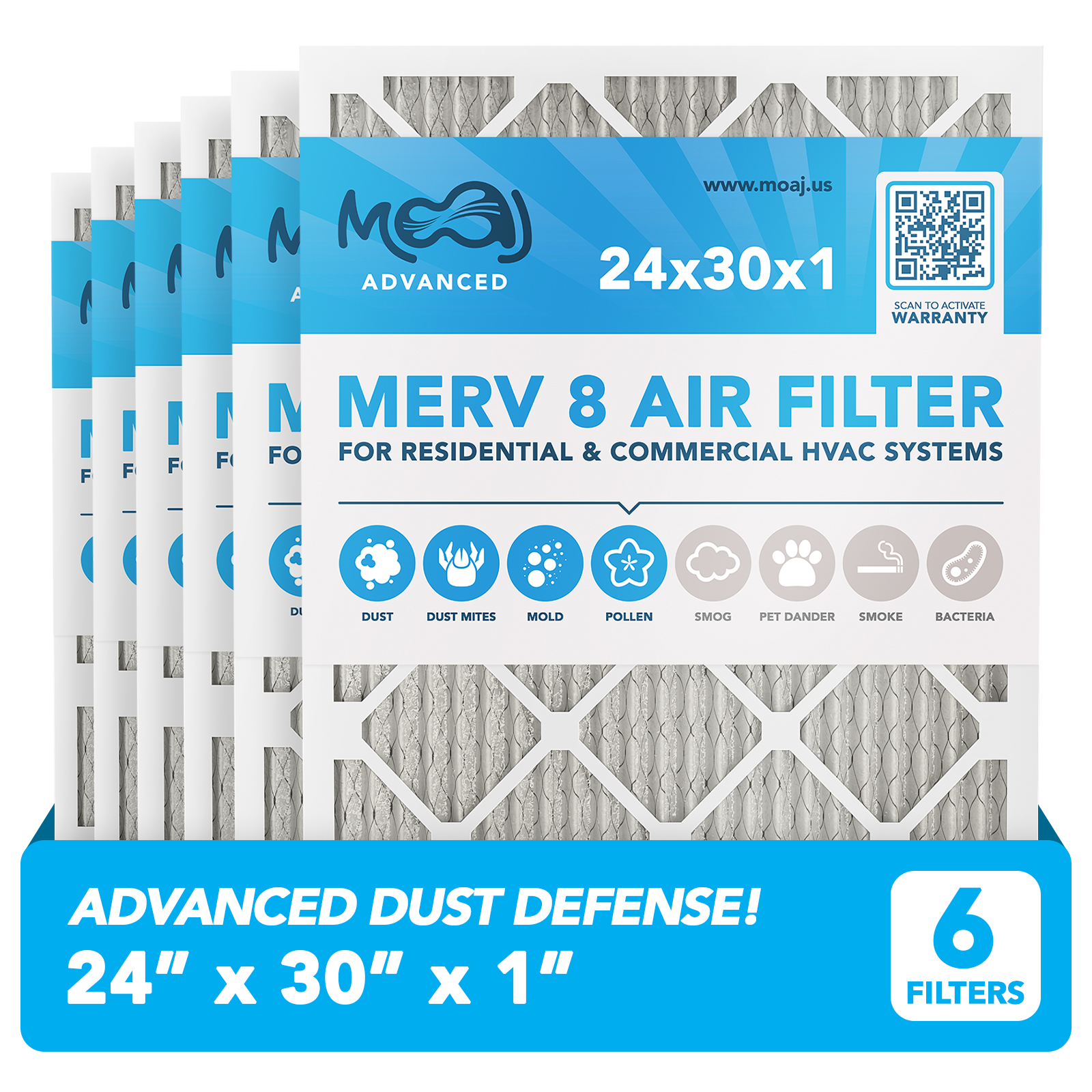 24x30x1 Air Filter (6-PACK) | MERV 8 | MOAJ Advanced Dust Defense | BASED IN USA | Quality Pleated Replacement Air Filters for AC & Furnace Applications | Actual Dimensions: 23.70