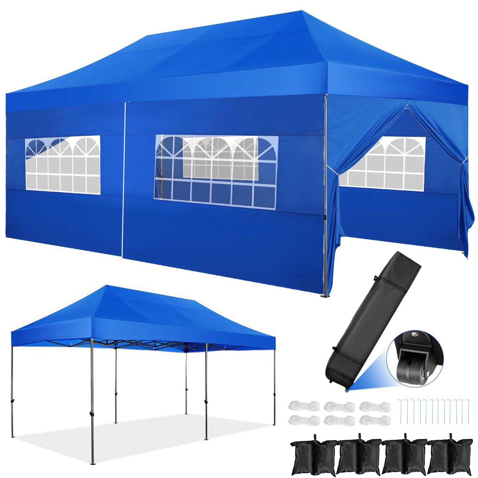 COBIZI 10'x20' Canopy Heavy Duty Pop Up Canopy Tent Outdoor Gazebo Shelter Portable Instant Commercial Tent with 6 Removable Sidewalls&3 Heigh Adjustable&Roller Bag, Blue