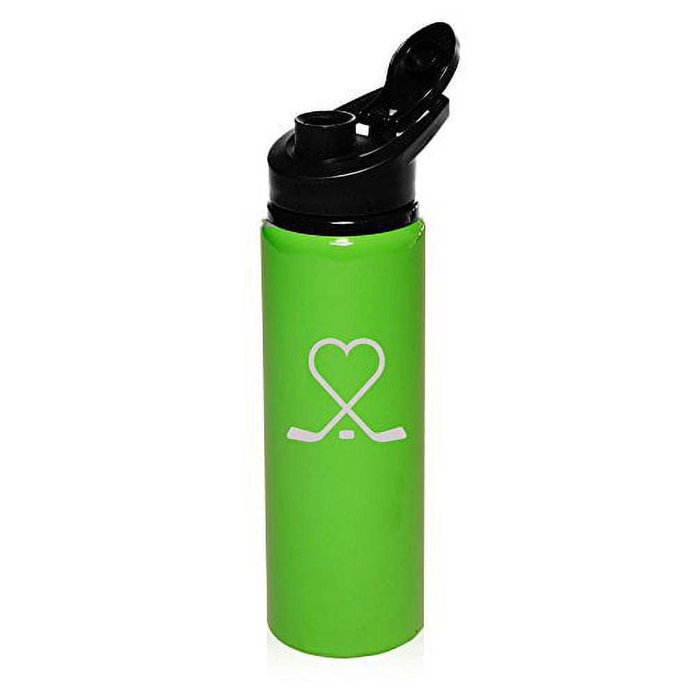 25 oz Aluminum Sports Water Travel Bottle Hockey Sticks Heart Love (Bright-Green)