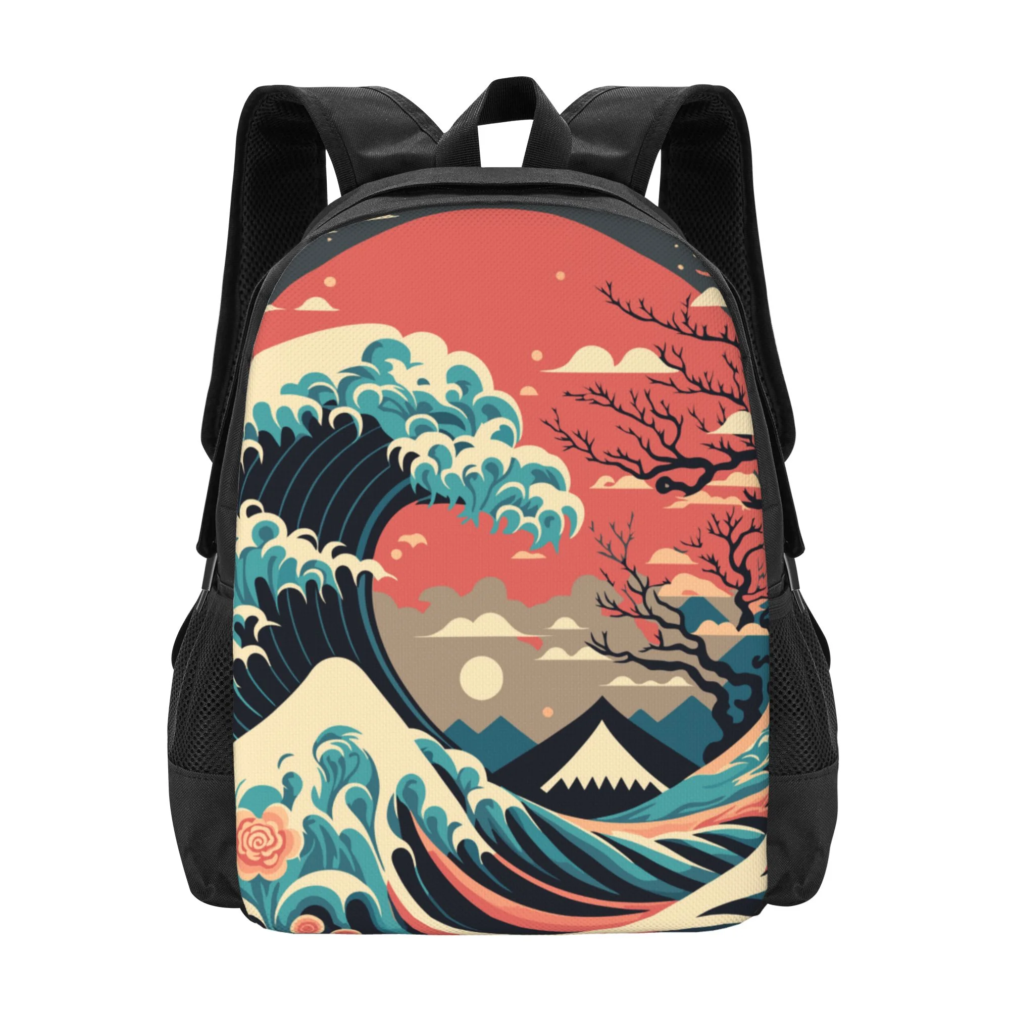 DouZhe Lightweight Backpack, Japanese Style Sun Waves Prints Travel Outdoor Hiking Bag School Bookbag Casual Daypack Backpacks for Women Men