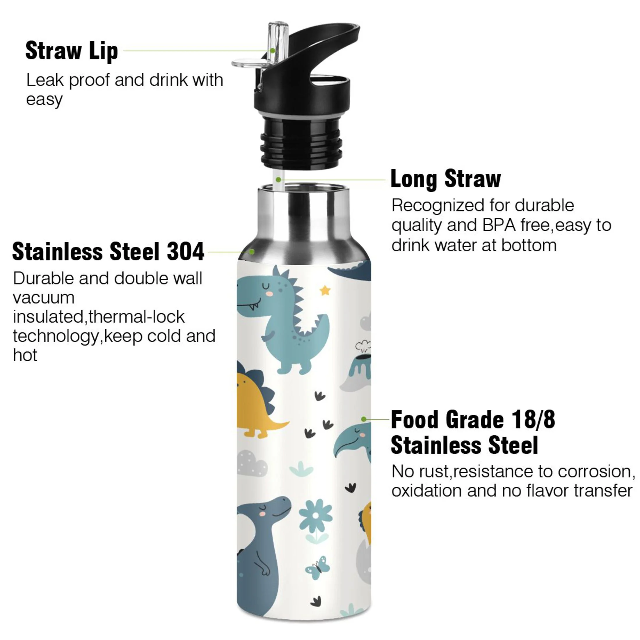 Water Bottle with Straw Lid Leak Cute Dinosaur Volcanoes Stainless Steel Insulated Thermos Vacuum Flask for Cold Hot Drinking for Sports Camping Gym Yoga