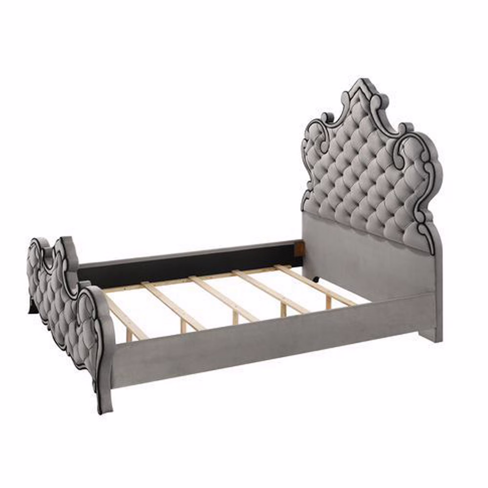 Elen Classic King Size Luxury Bed, Scalloped Tufted Velvet Headboard, Gray