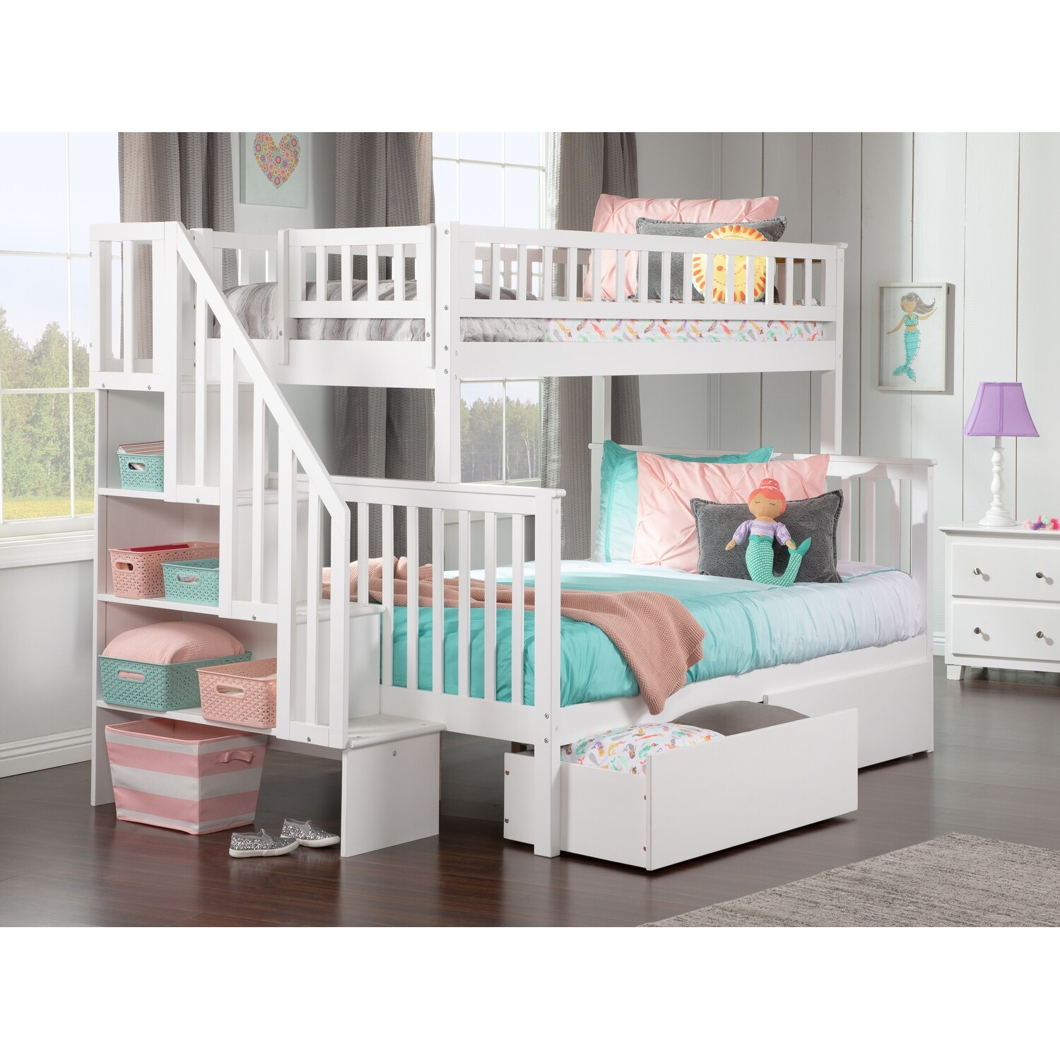 AFI Woodland Staircase Bunk Bed Twin over Full with 2 Drawers in White