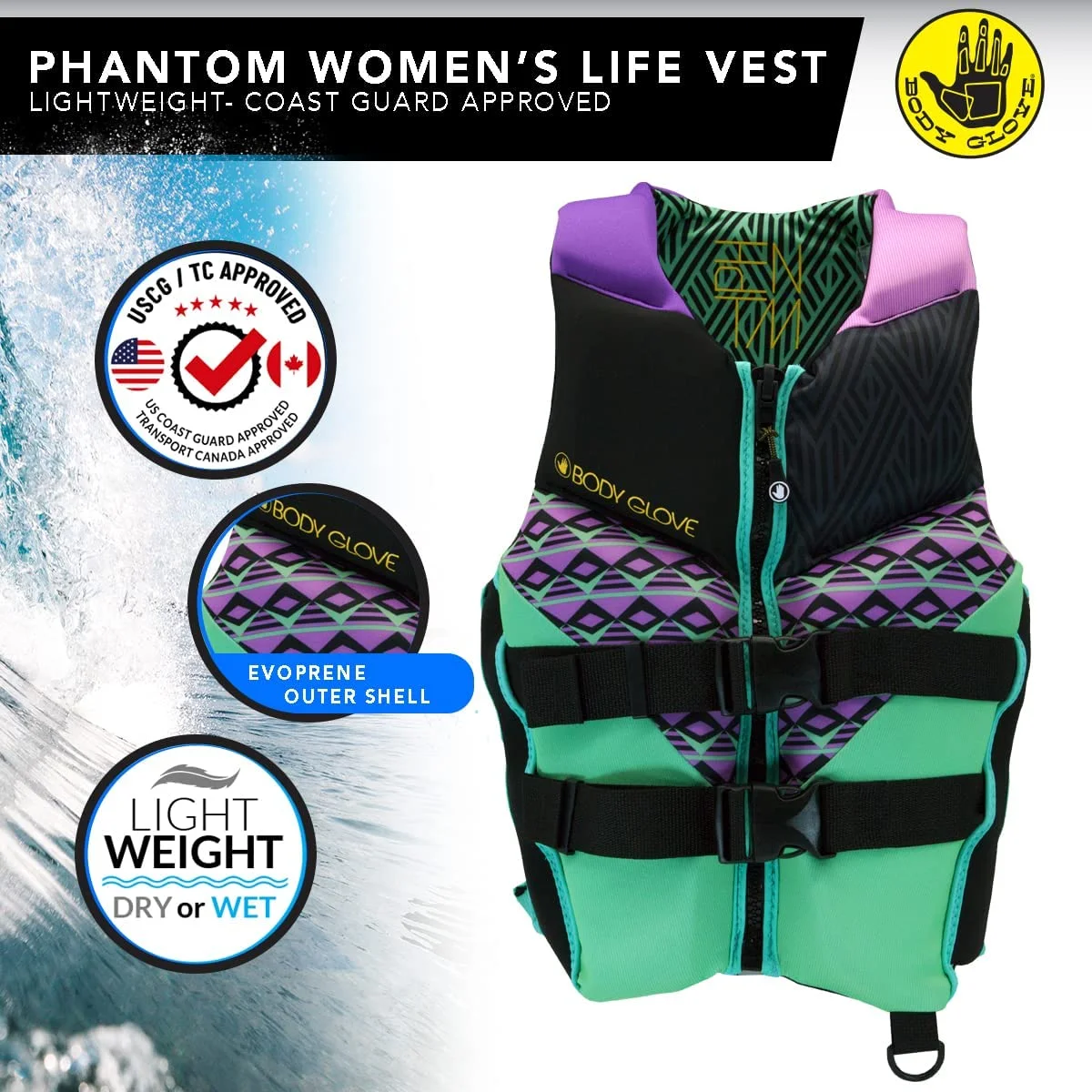 Body Glove- Phantom Women's PFD-Adult Life Jacket -Adult, Women, 2XL, Aqua