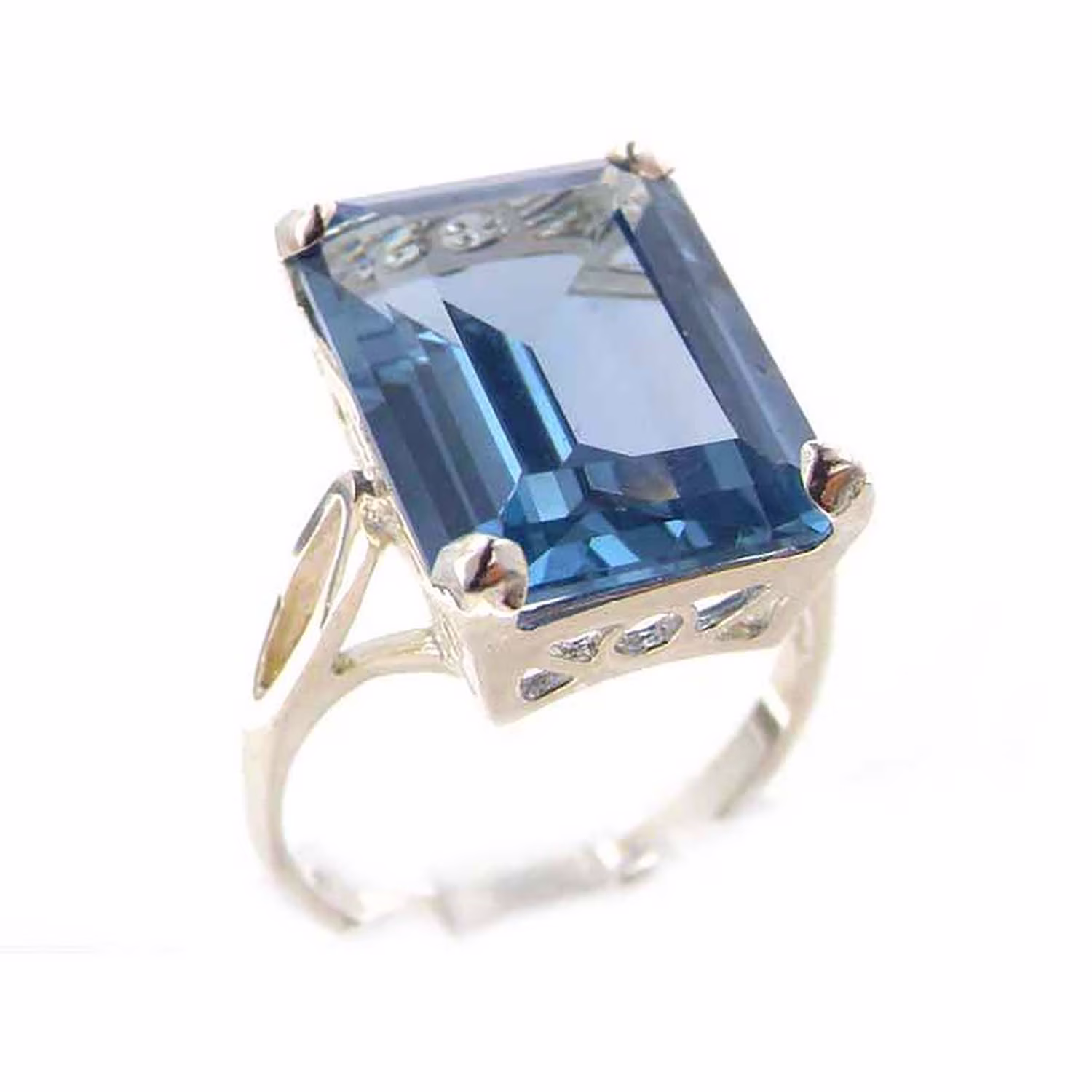 LBG Solid Sterling Silver Large 16x12mm Octagon cut Synthetic Sea Blue Spinel Ring - Size 10 - Sizes 5 to 12