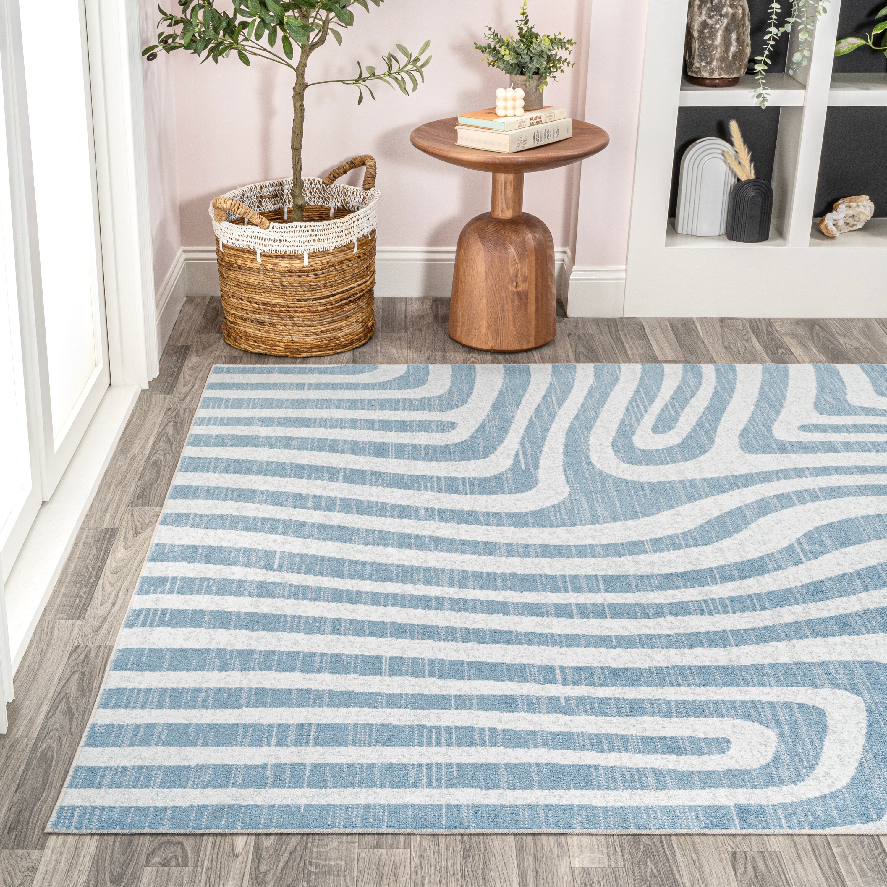JONATHAN Y  Kallax Abstract Two-Tone Low-Pile Machine-Washable Blue/Cream Area Rug 4 X 6