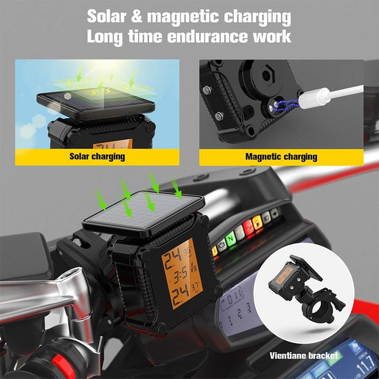 Tire Pressure Monitoring System - 2 External Sensors (0-58 PSI) Motorcycles TPMS, Solar Power and USB Charge, 5 Alarm Modes, LCD Display, Automatic Sleep Mode