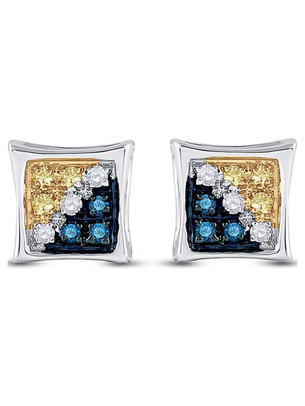 10kt White Gold Mens Round Blue Yellow Color Enhanced Diamond Square Kite Earrings 1/20 Cttw