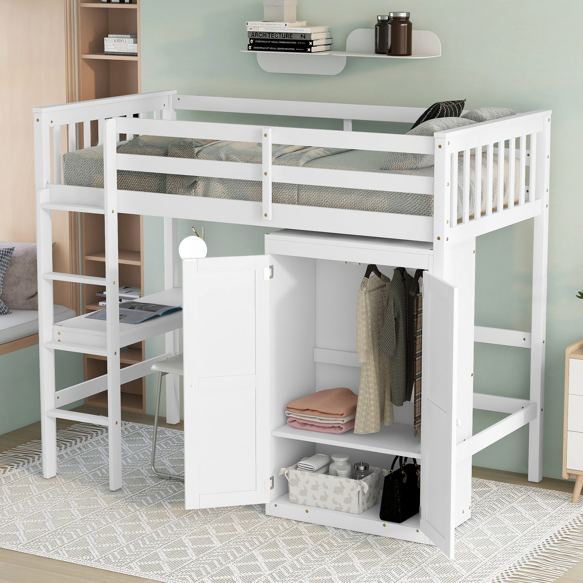 paproos Twin Size Loft Bed with Desk and Wardrobe, New Upgraded Wooden Loft Bed Frame with Storage Space, High Loft Bed Frame Twin for Kids Teens Adults Girls Boys, No Box Spring Needed, White