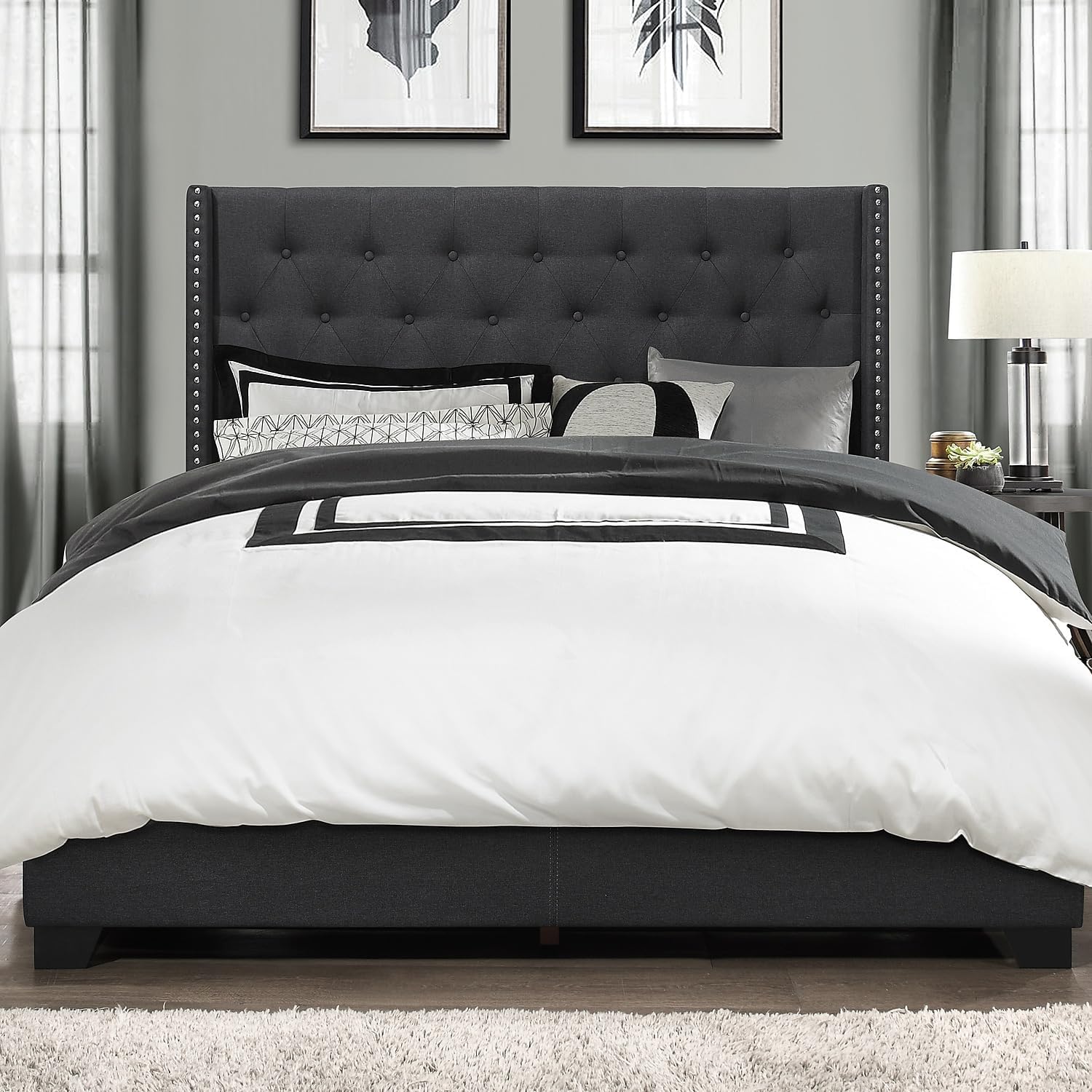 Fabric Tufted Queen Bed In Charcoal Grey