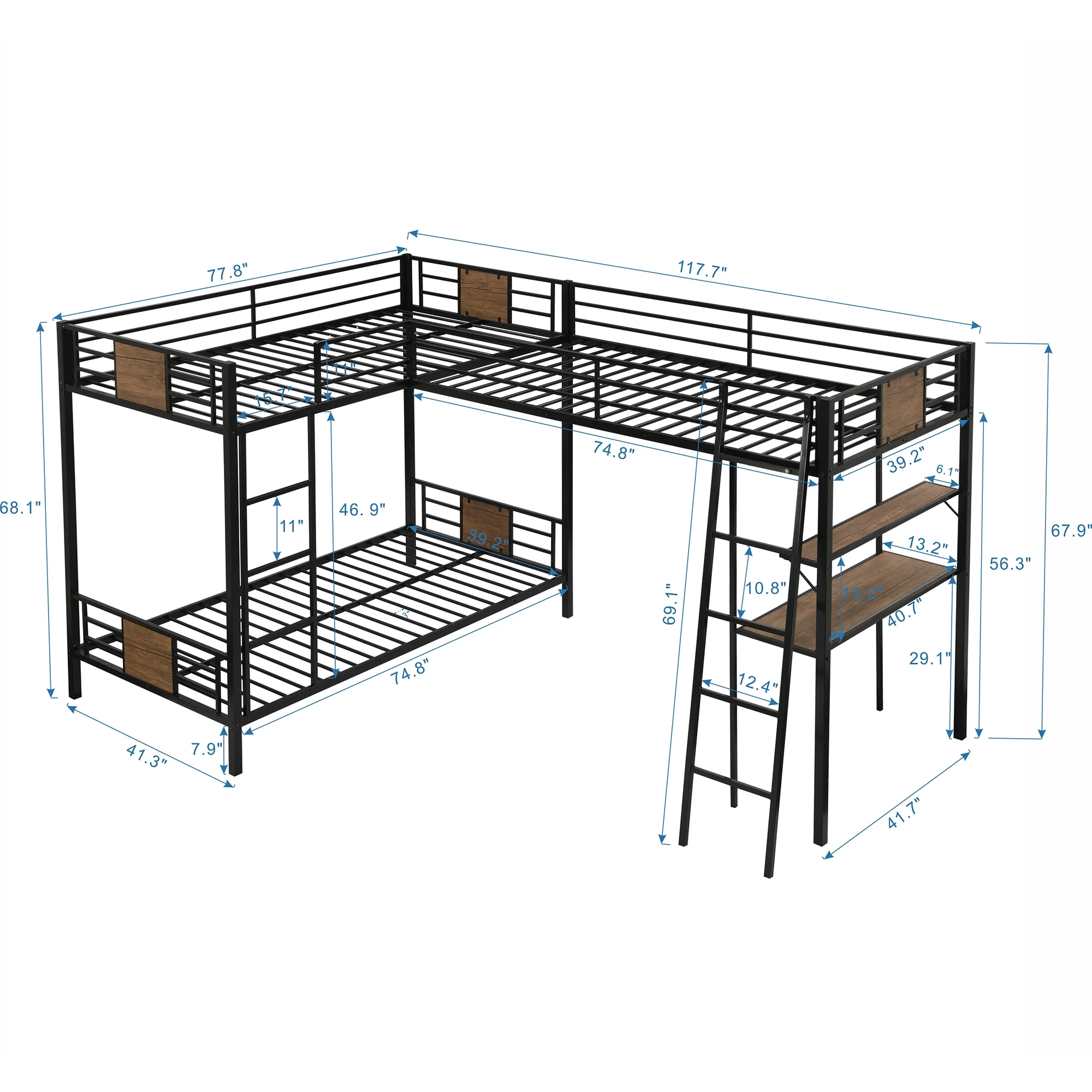 Twin over Twin Metal MDF L-Shaped Bunk Bed with a Loft Attached, Triple Bedframe with Desk, Shelf, Guardrails, and Ladders