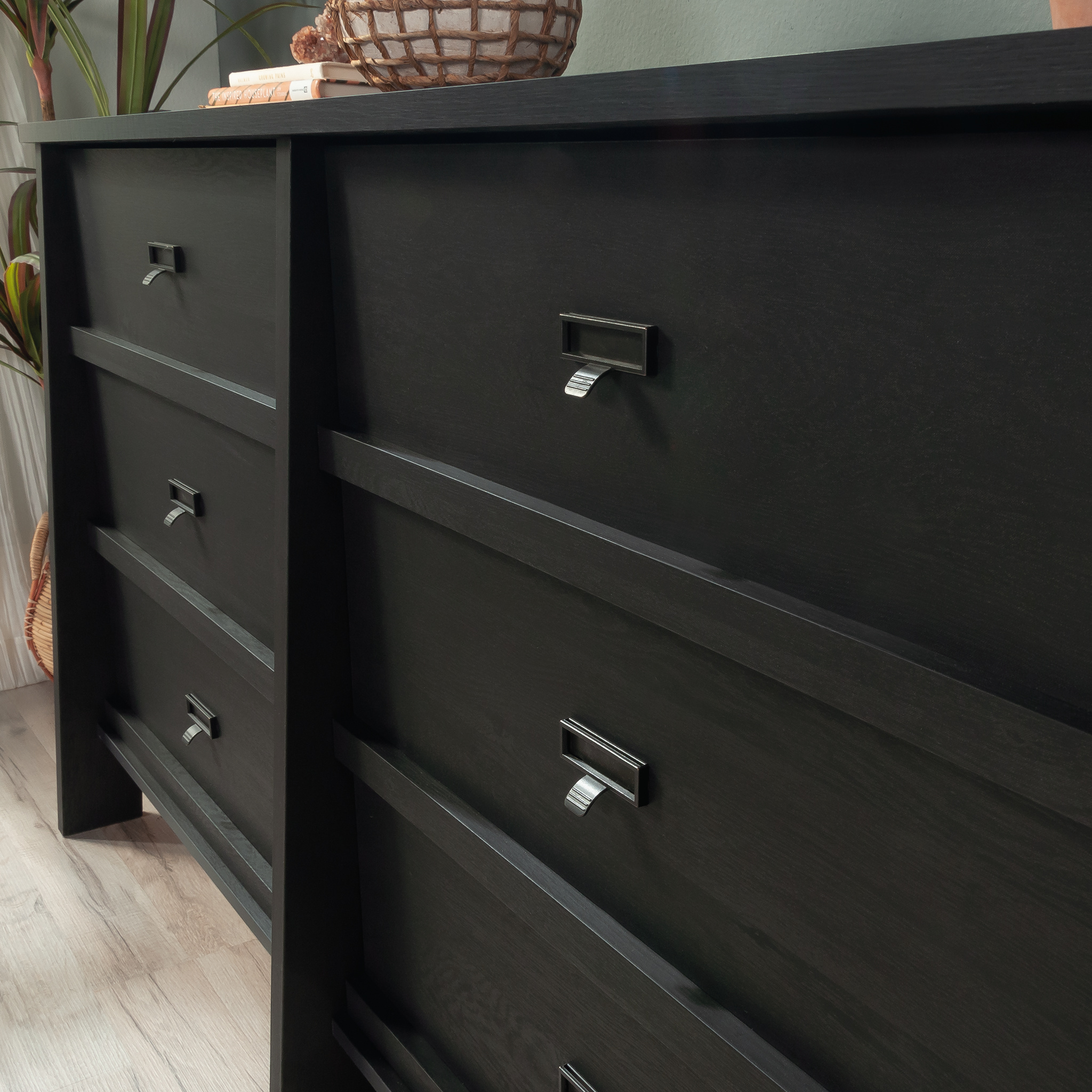 Sauder Trestle 6-Drawer Bedroom Dresser in Raven Oak, Raven Oak Finish