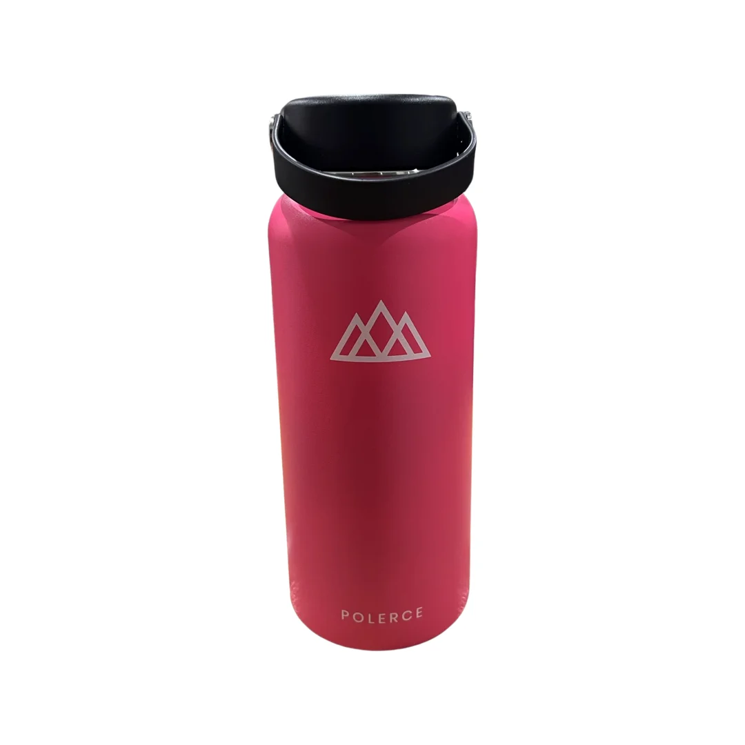Vacuum Insulated Bottle with 3 Lids - Stainless Steel Thermally Insulated Flask - 32 fl oz - Pink - by Polerce