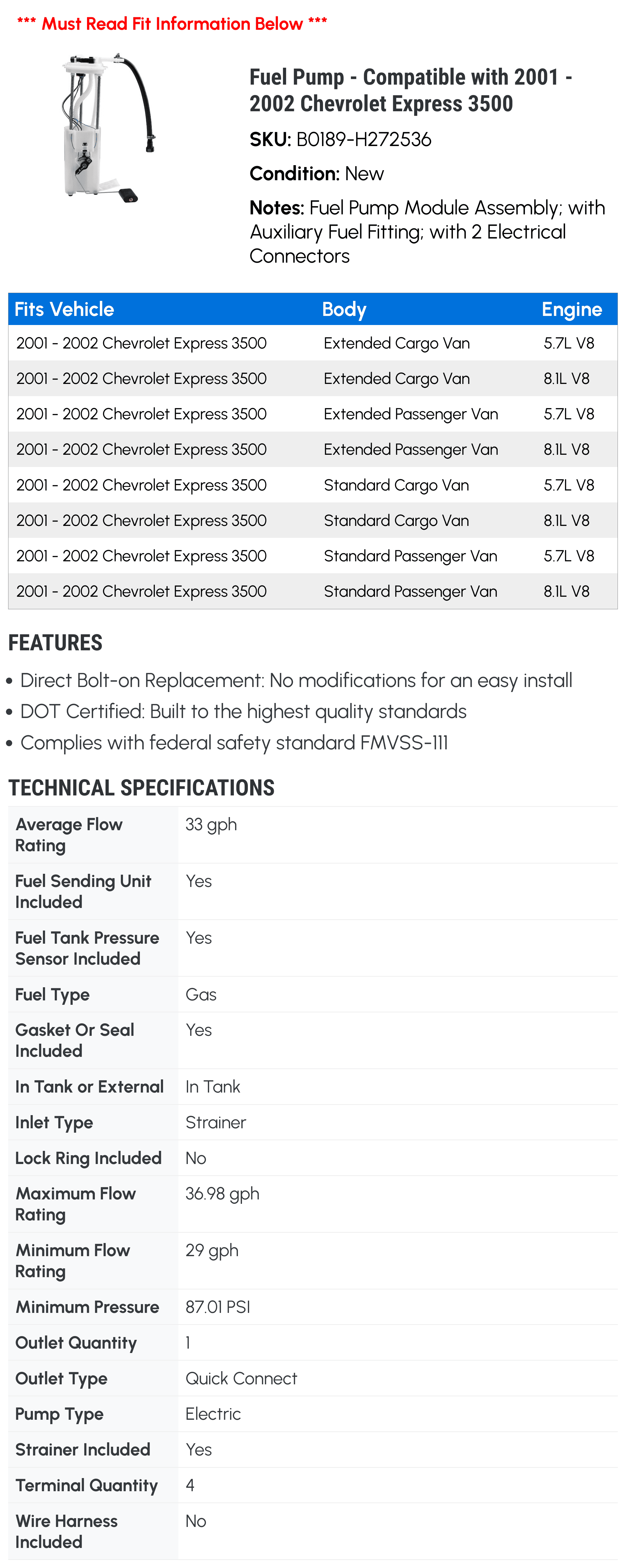 Fuel Pump - Compatible with 2001 - 2002 Chevy Express 3500
