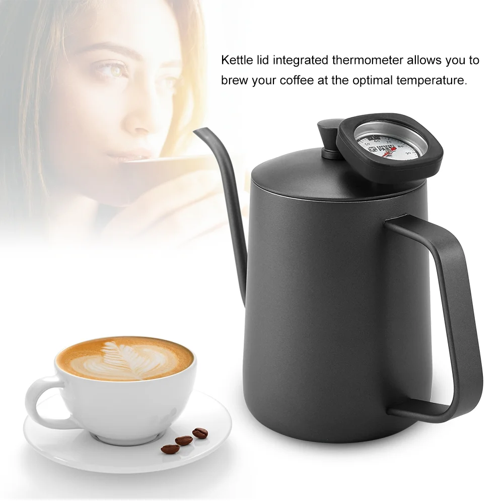 Coffee Kettle 600ml Stainless Steel Coffee Kettle Gooseneck Spout Teapot with Thermometer(Black)