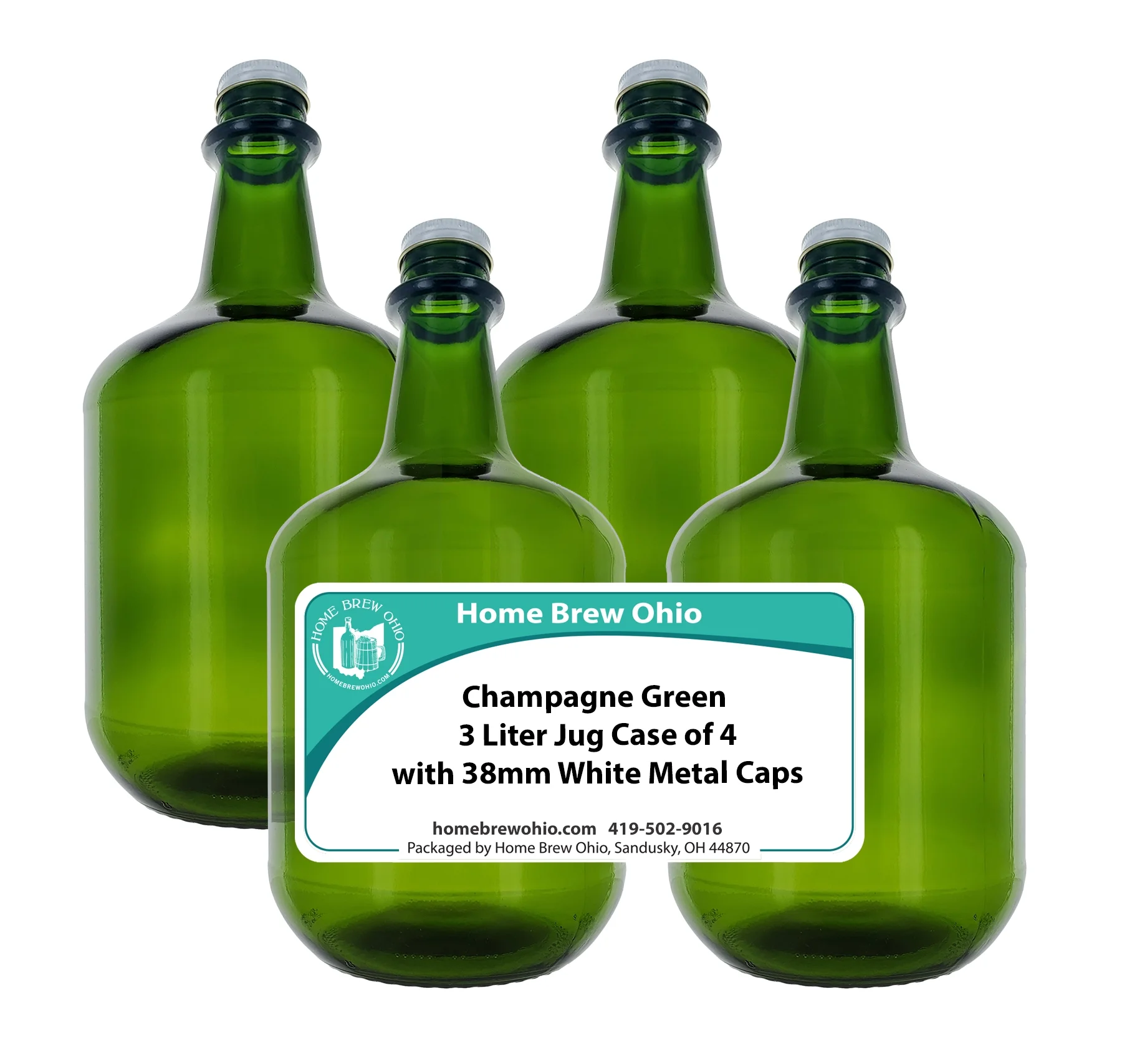 3L Jug Champagne Green - Pack of Four Bottles with White Metal Caps