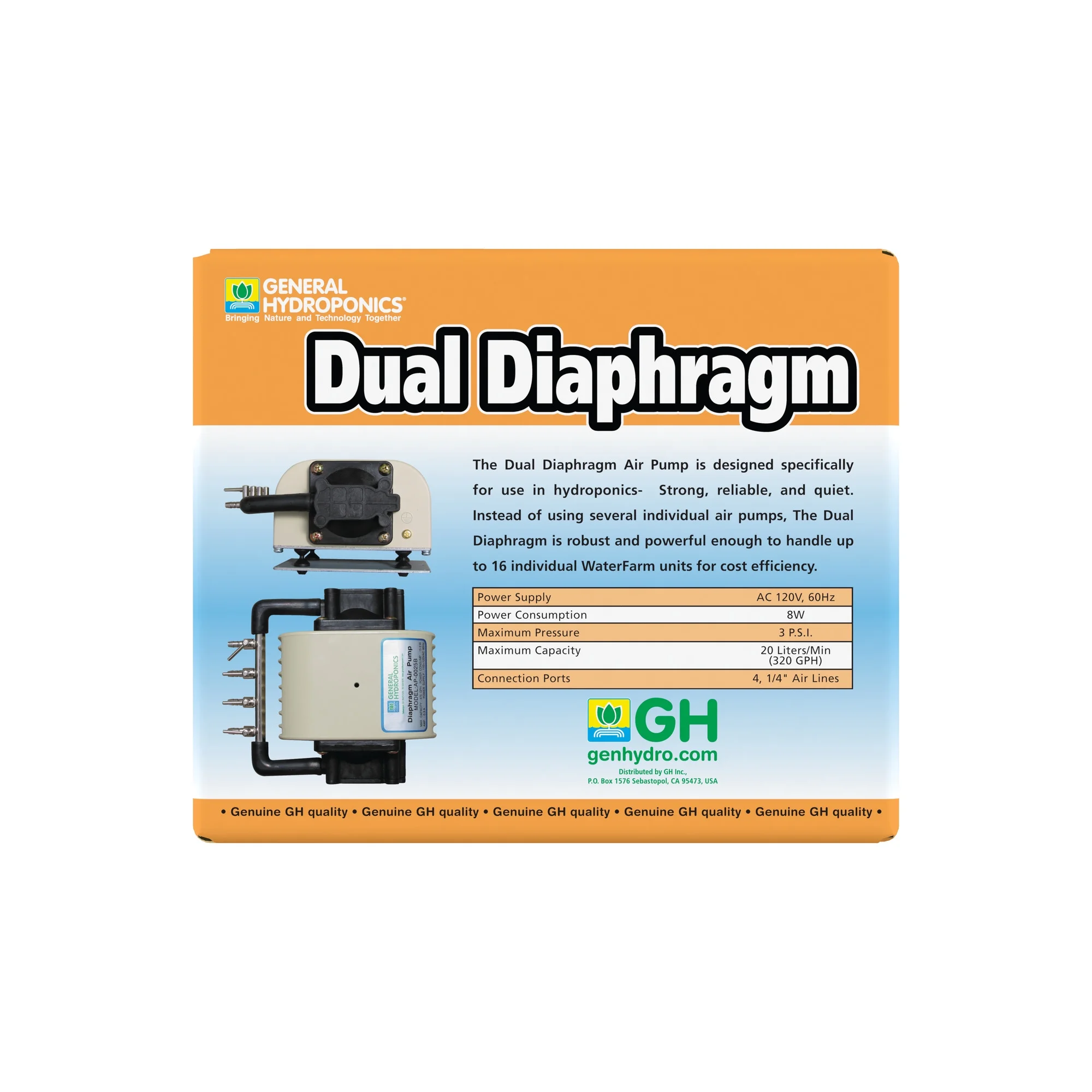 General Hydroponics Dual Diaphragm Air Pump 320 GPH 4 Outlet