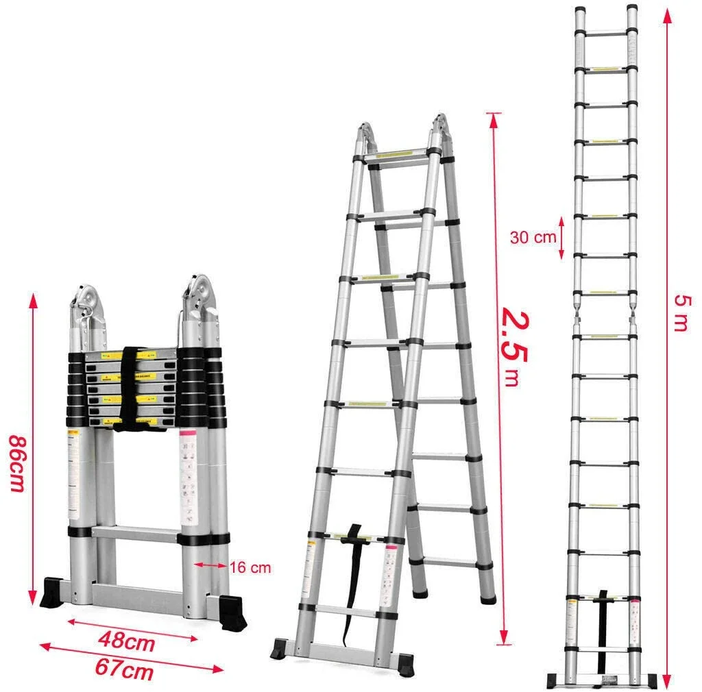 Dayplus Heavy Duty 5M Multi Purpose Folding Telescopic Ladder Aluminum A-Frame Extension