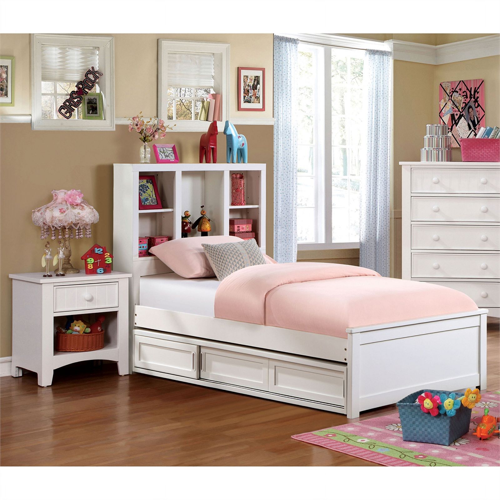 FOA Beyna 2pc White Wood Bedroom Set with Sliding Door Storage-Full+Nightstand