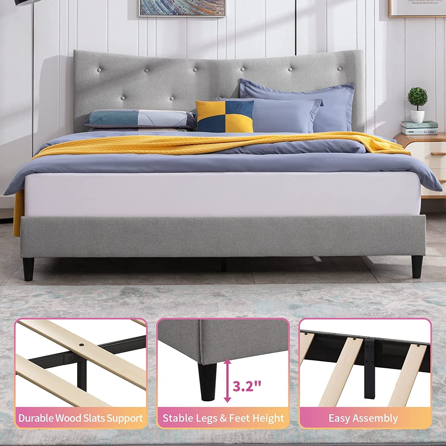 Mixoy Upholstered Linen Platform Bed Frame with Curved Headboard,Wood Slat Support Light Grey - King
