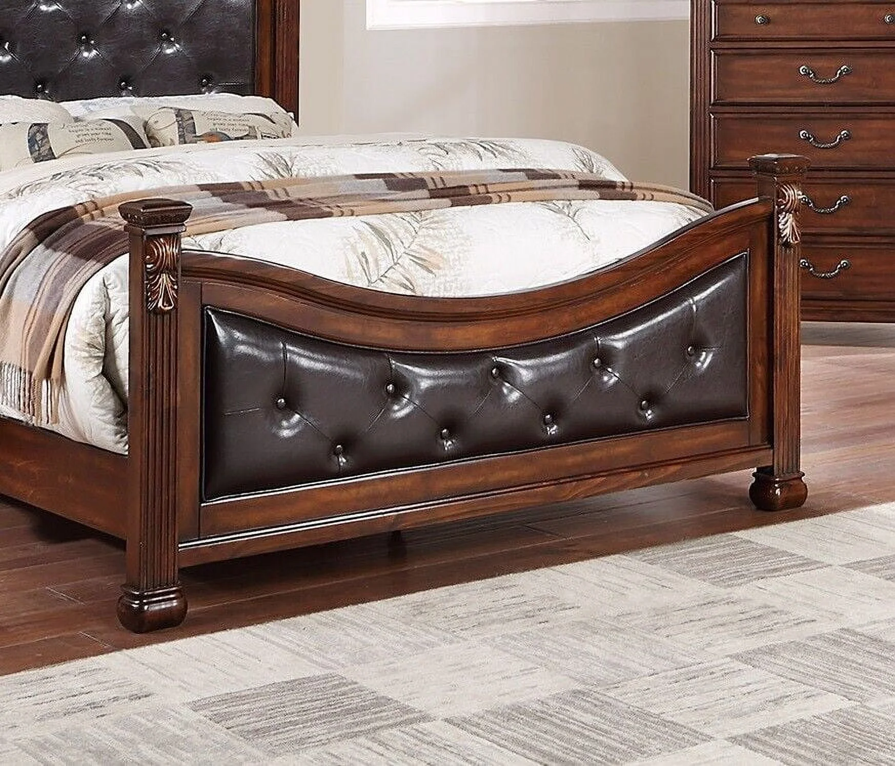 Traditional 1pc Bed Classic Brown Finish Est king Size Bed Posts Tufted Headboard Antique Carved Design Bedroom Furniture Wood