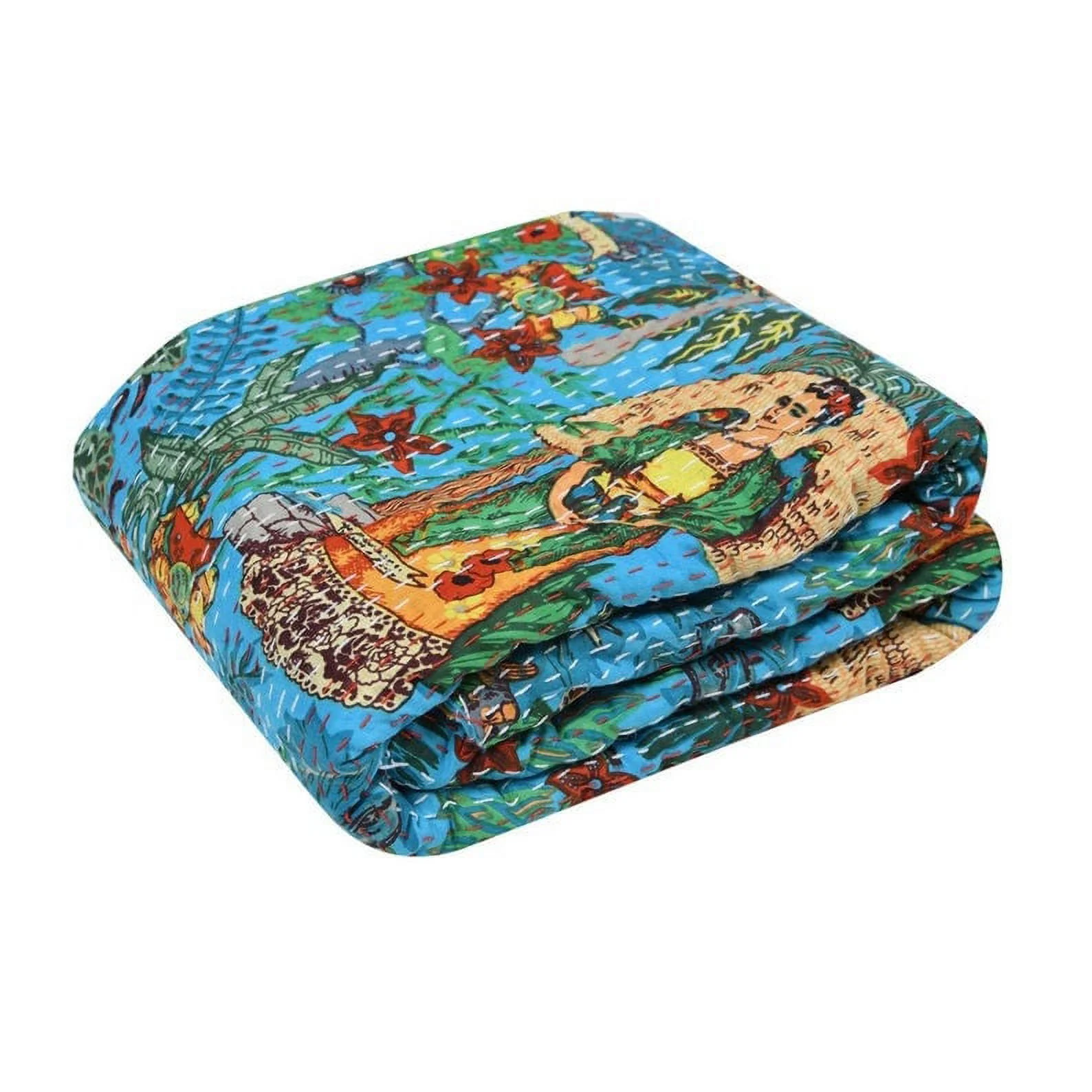 Frida Kahlo Printed Cotton Quilted Blanket Indian Twin Handmade Bedspread Kantha Work Bohemian Bed Decor Throw Blanket