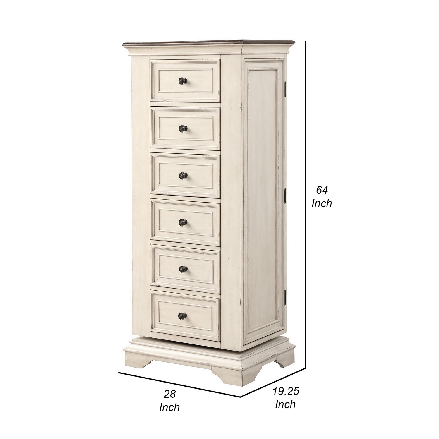 BenJara Maia 64 Inch Tall Swivel Dresser Chest, Mirror, Velvet Lined Drawers, White