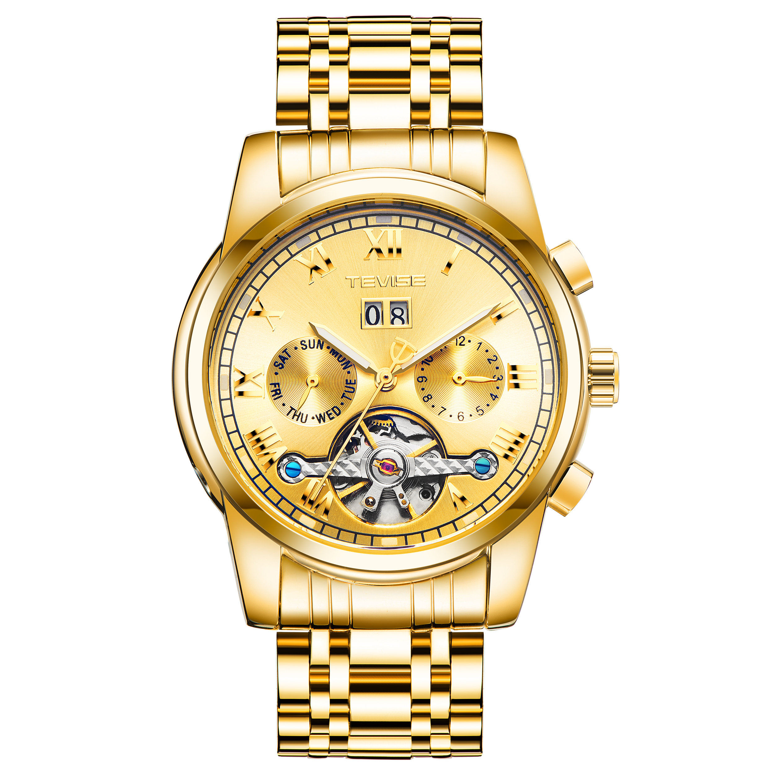 Luxury Men Tourbillon Automatic Mechanical Luminous Watch Date&Day&Month Indicator Gold Face Stainless Steel Band Graduation Gift Fathers Day Gift for Husband Boy Friend