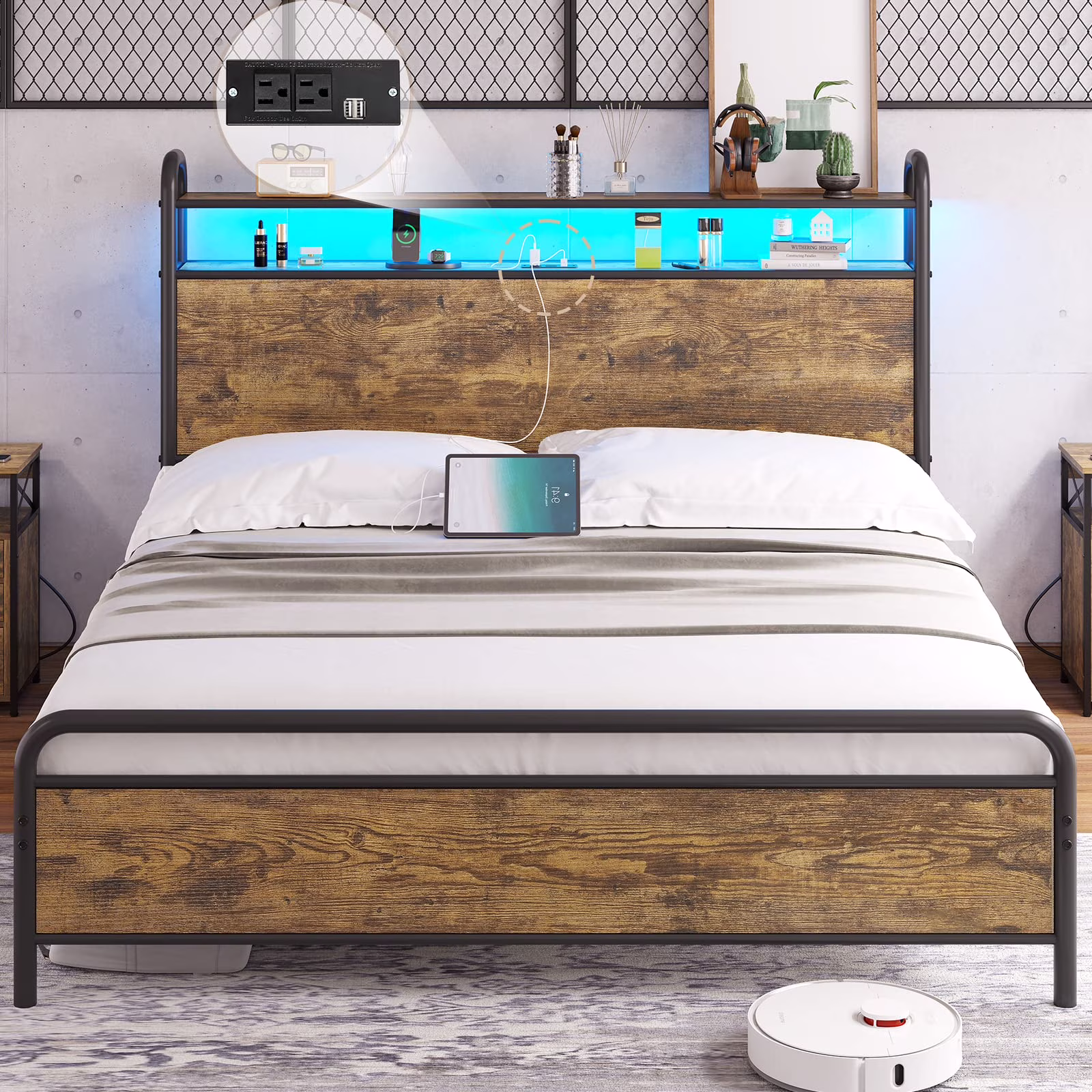 EPHEX LED King Bed Frame with Storage Headboard, Industrial Platform Bed Frame with 2 Outlets and 2 USB Ports