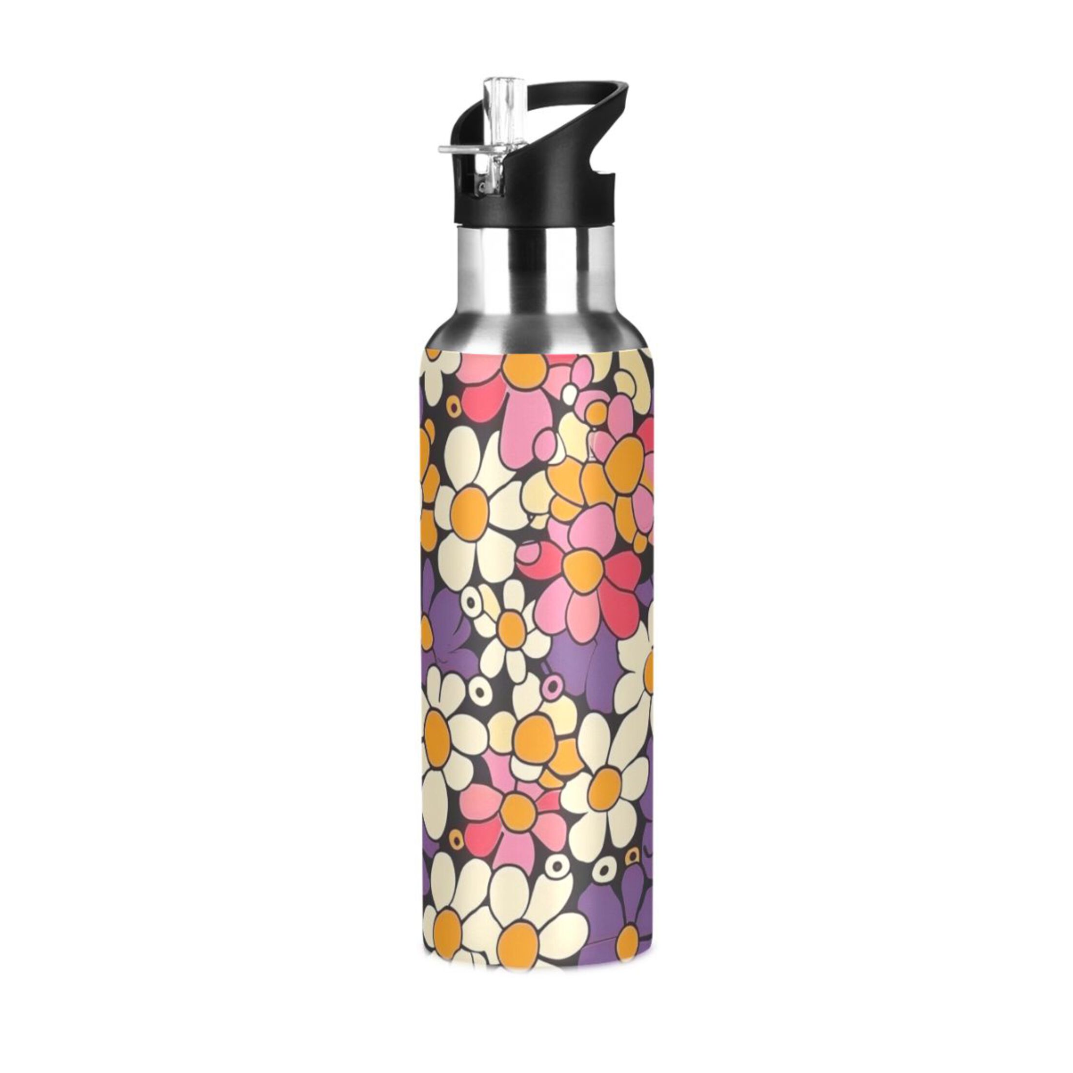 Purple Floral Water Bottles Insulated Thermos Kids Stainless Steel Bottle with Straw Lid Flask Leakproof for Sports Gym 20 oz