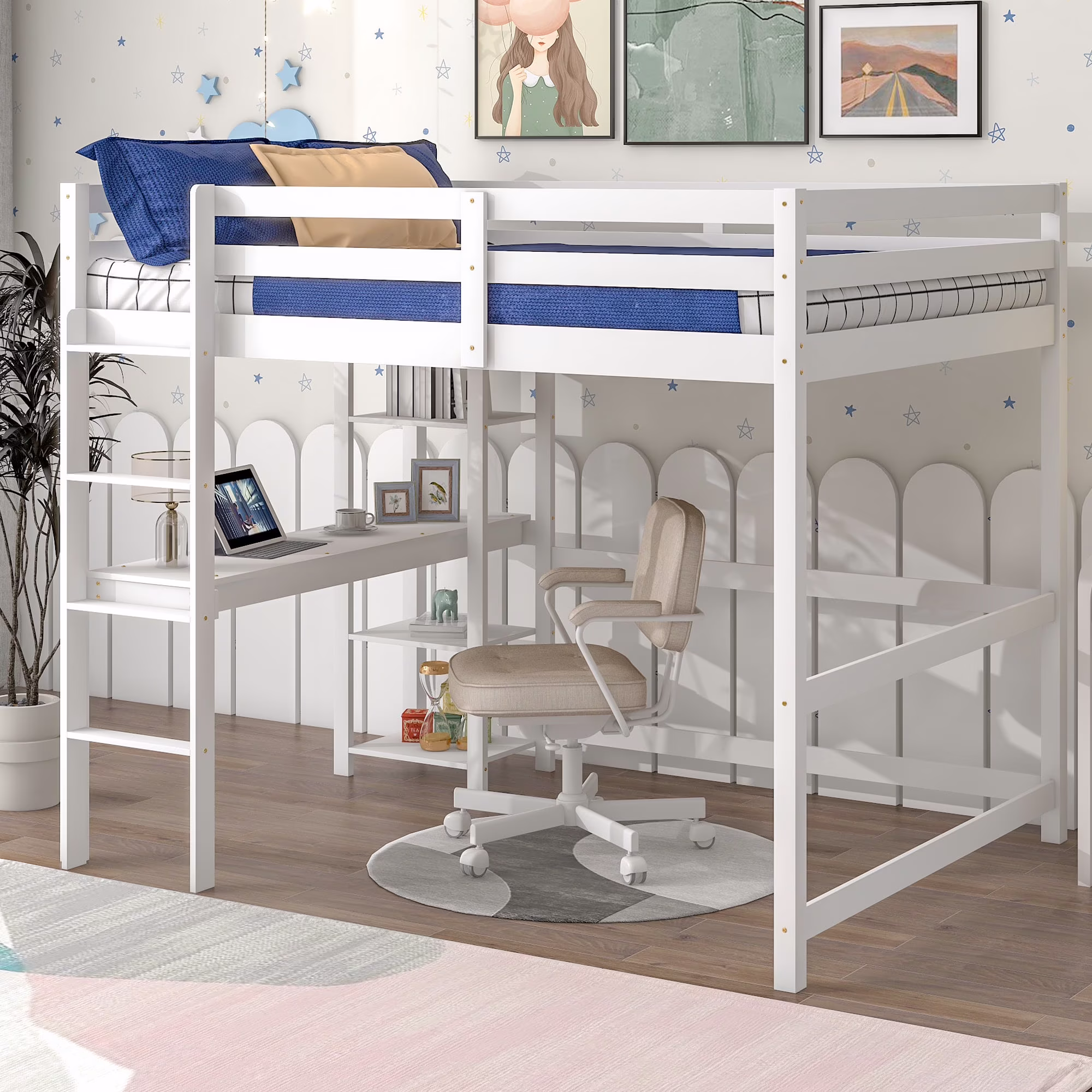 Docooler Full Loft Bed with Desk and Shelves,White