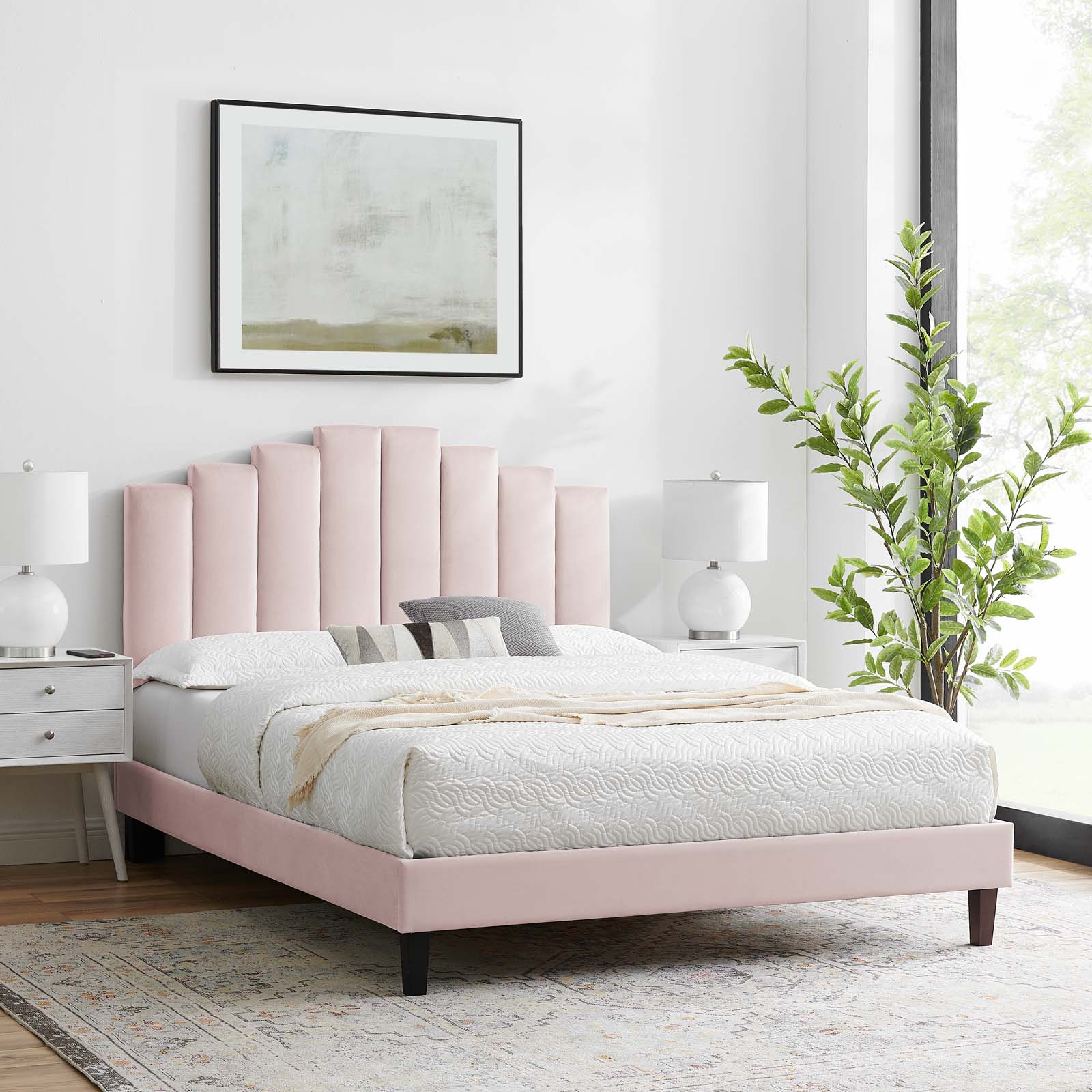 Modway Elise Queen Performance Velvet Platform Bed in Pink